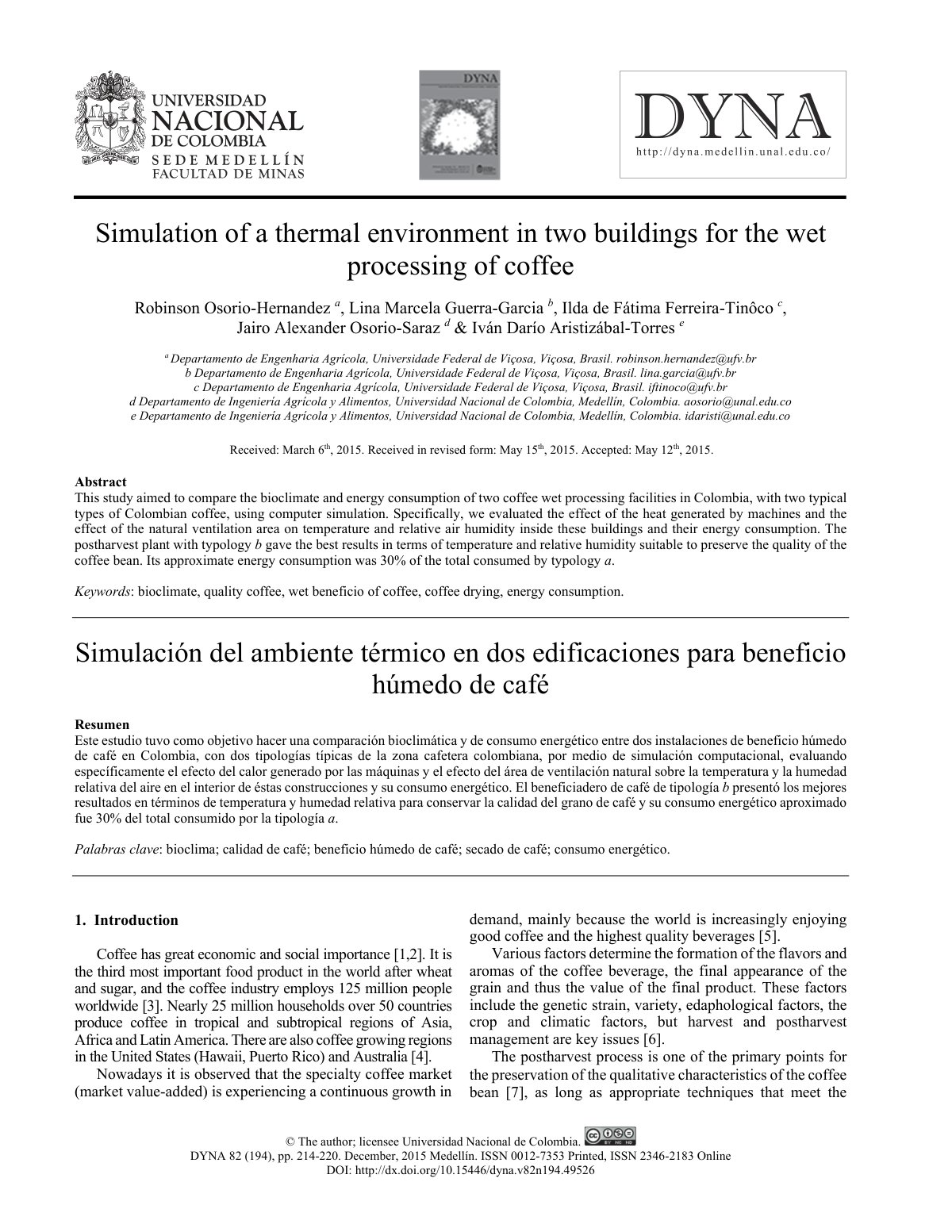 First page of Simulation of a thermal environment in two buildings for the wet processing of coffee