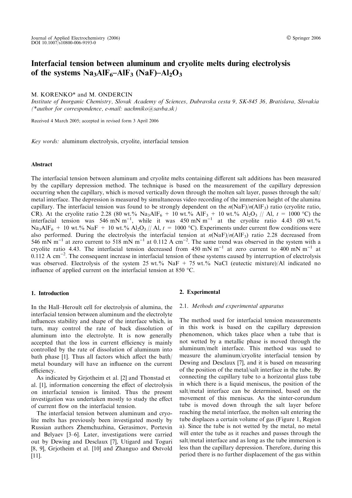 First page of Interfacial tension between aluminum and