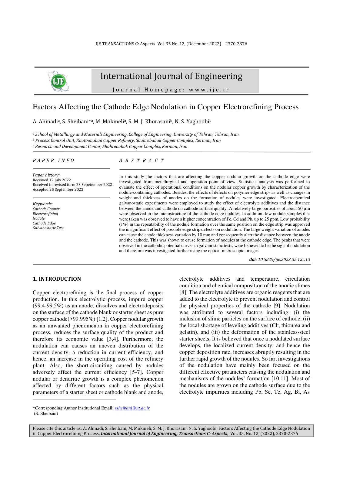 First page of Factors Affecting the Cathode Edge Nodulation in Copper Electrorefining Process