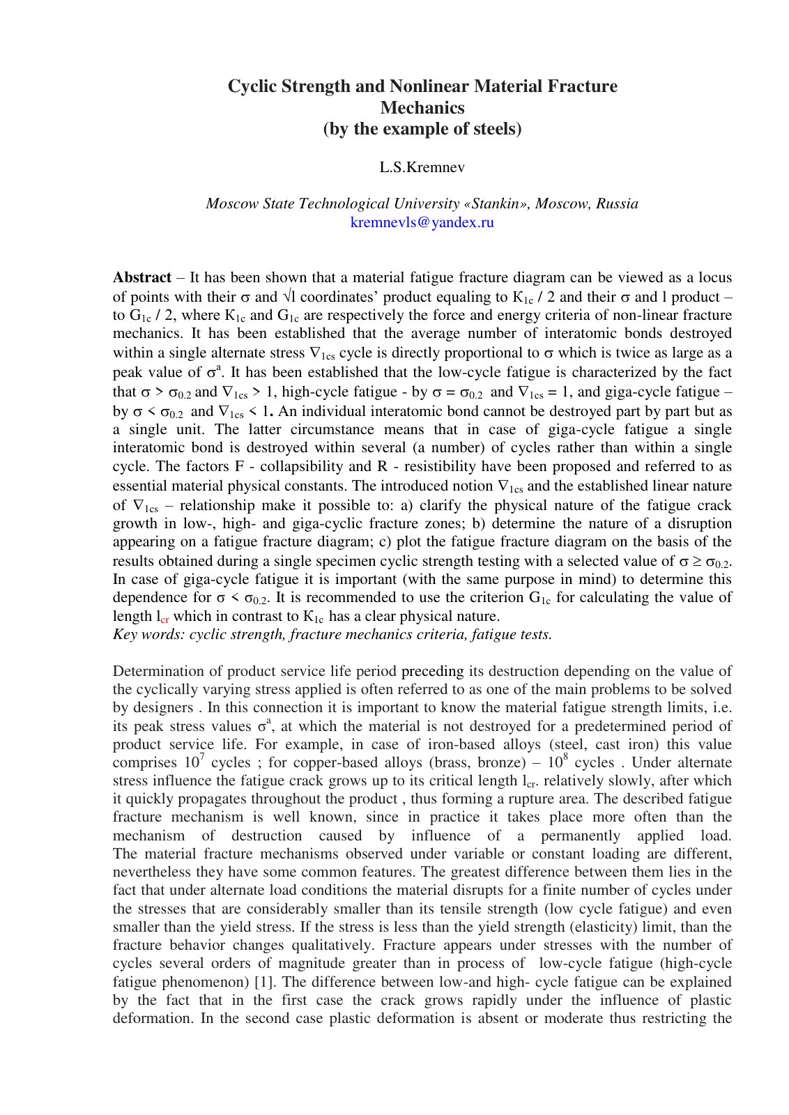 First page of Cyclic Strength and Nonlinear Material Fracture