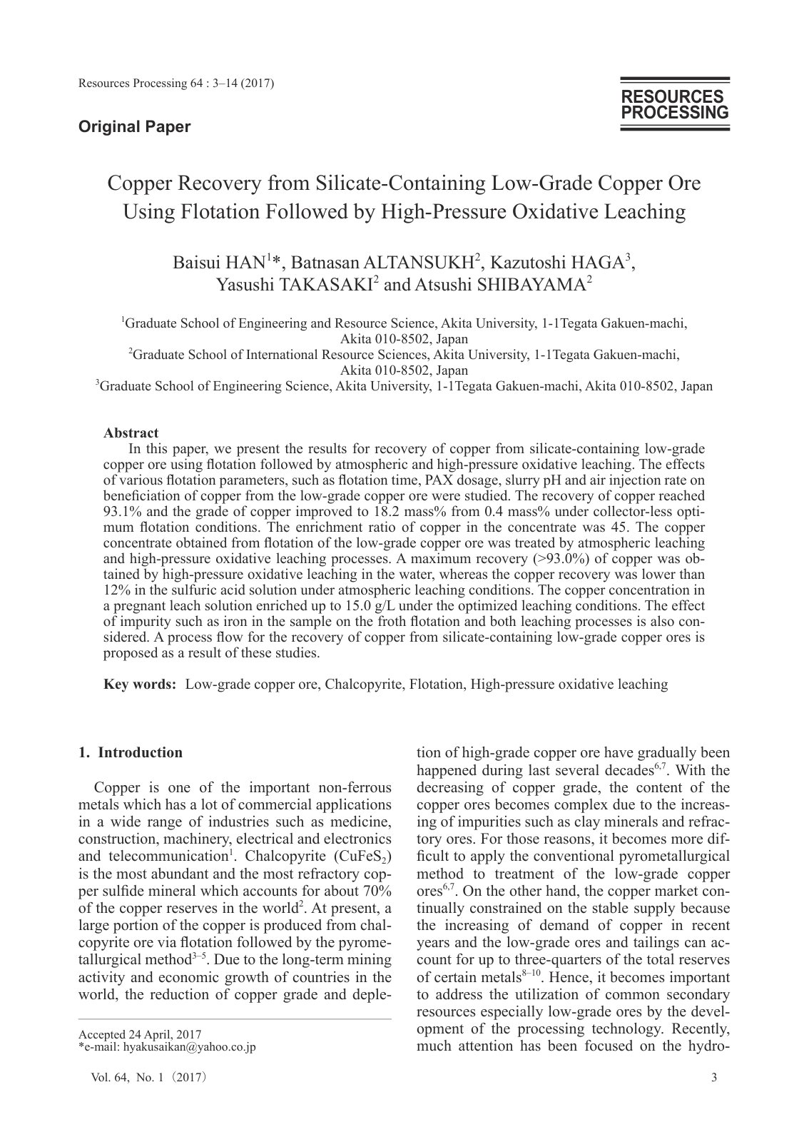 First page of Copper Recovery from Silicate-Containing Low-Grade Copper Ore Using Flotation Followed by High-Pressure Oxidative Leaching