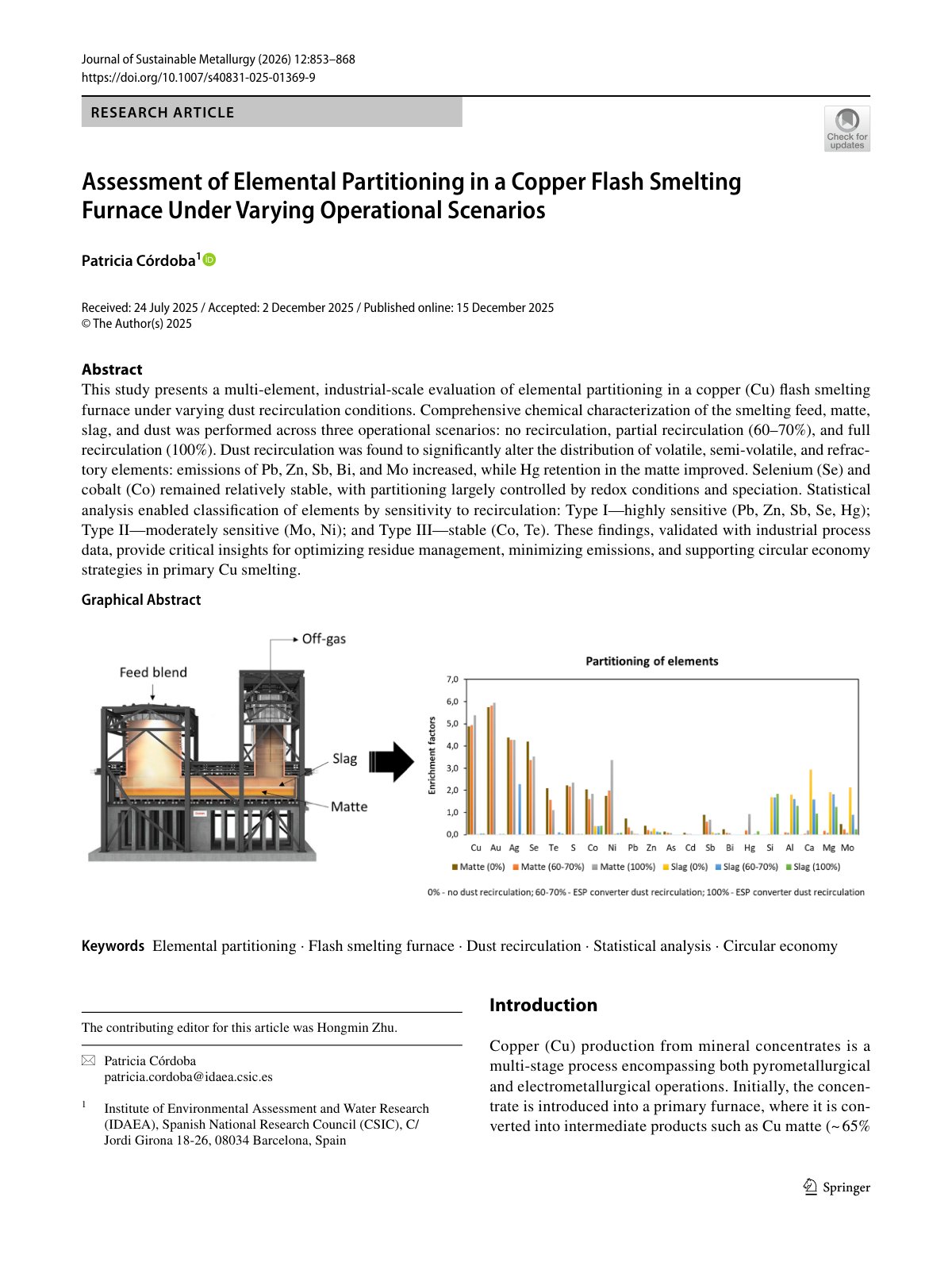 First page of 2026 Cordoba Copper Flash Smelting Partitioning