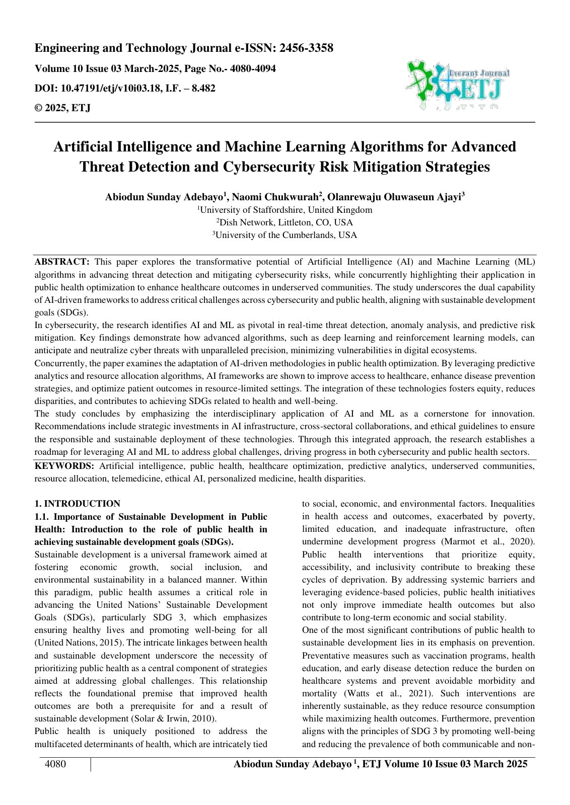 First page of Artificial Intelligence and Machine Learning Algorithms for Advanced  Threat Detection and Cybersecurity Risk Mitigation Strategies  