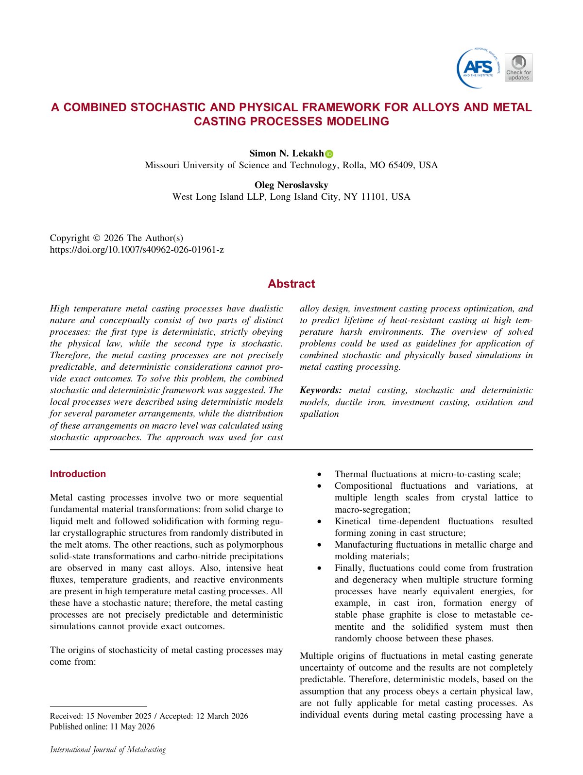 First page of 2026 Lekakh Stochastic Physical Casting Model