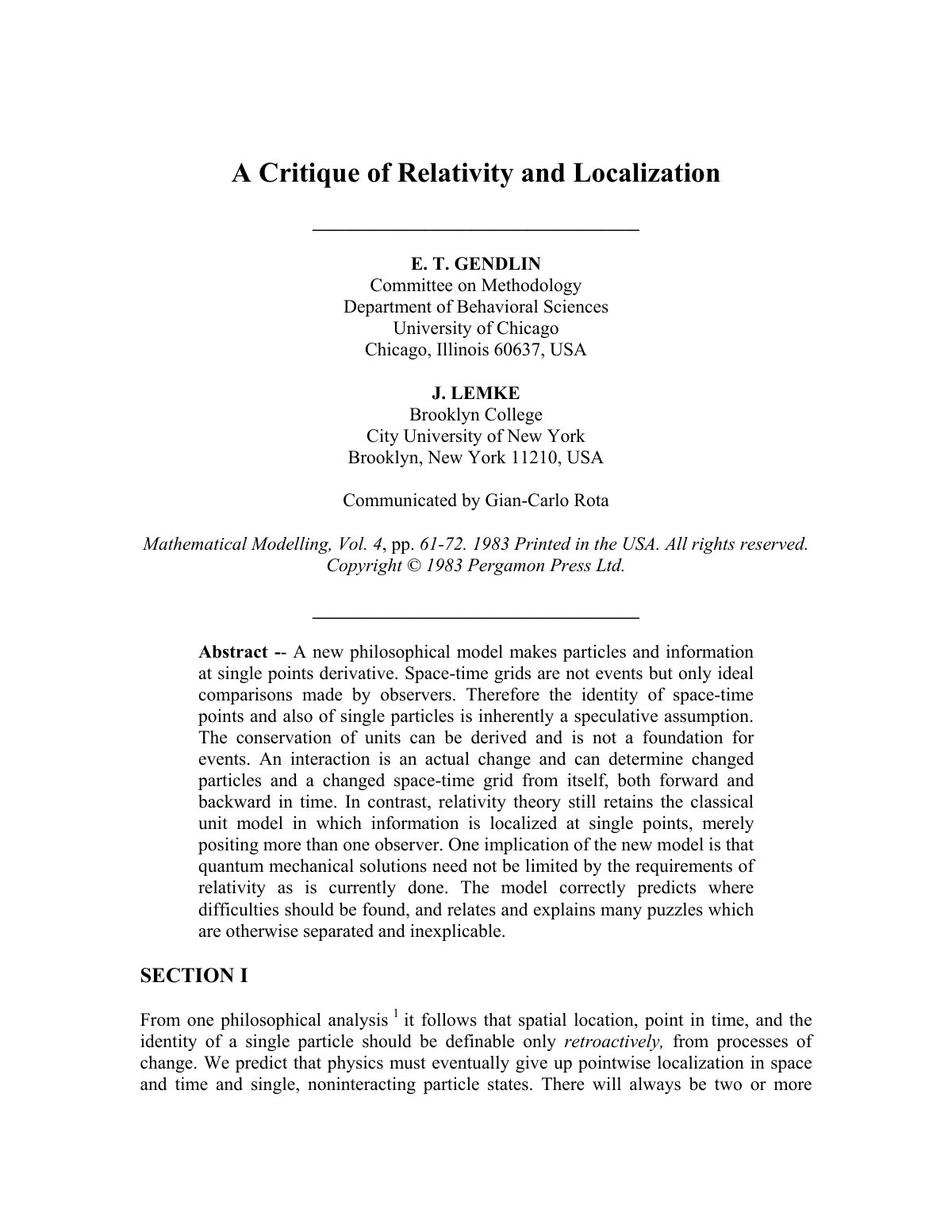 First page of A critique of relativity and localizatio