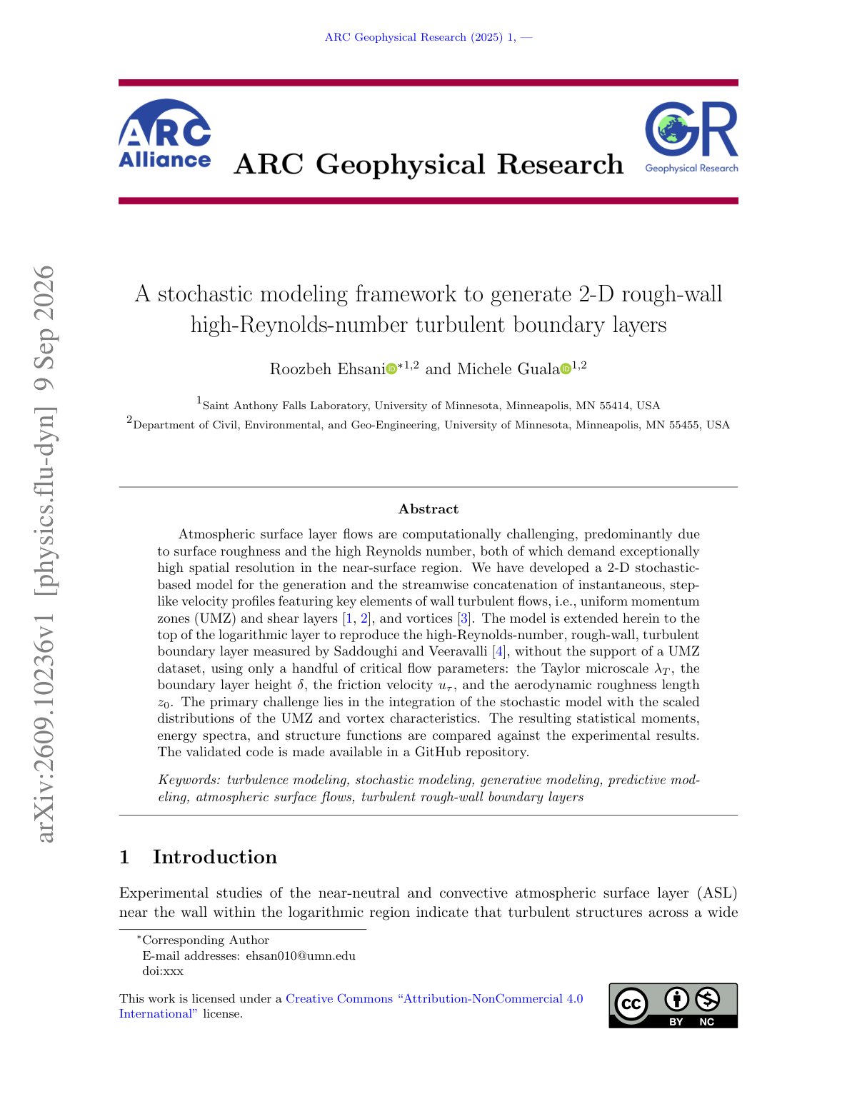 First page of A stochastic modeling framework to generate 2-D rough-wall high-Reynolds-number turbulent boundary layers