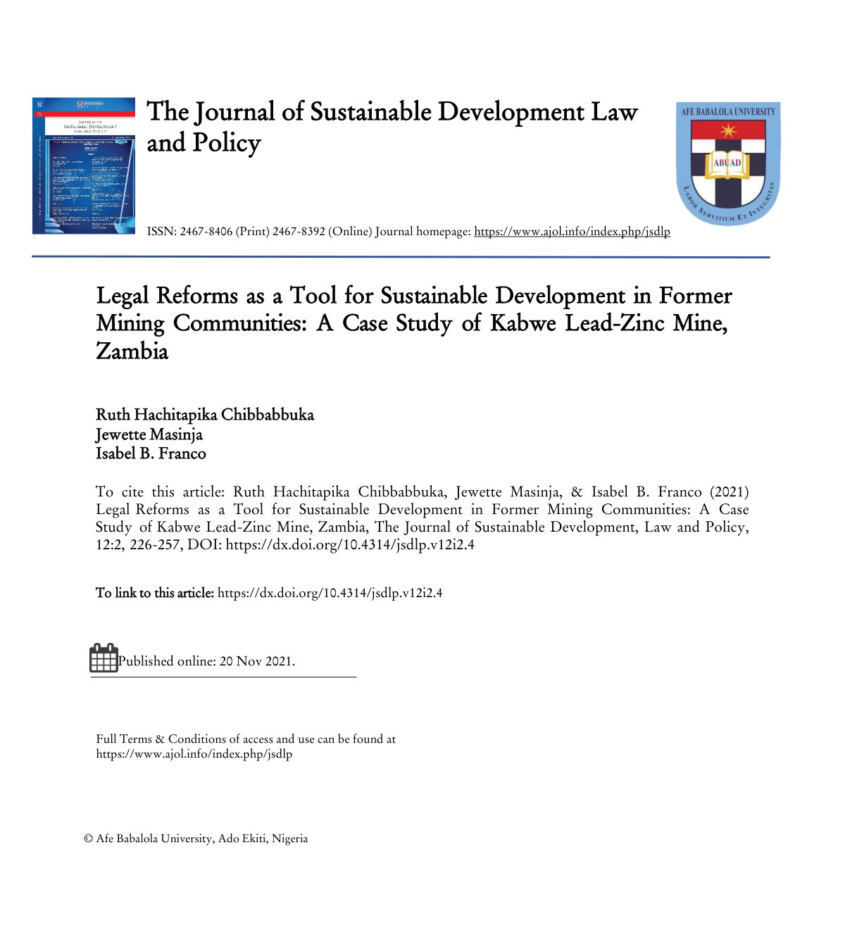 First page of Legal Reforms as a Tool for Sustainable Development in Former Mining Communities: A Case Study of Kabwe Lead-Zinc Mine, Zambia