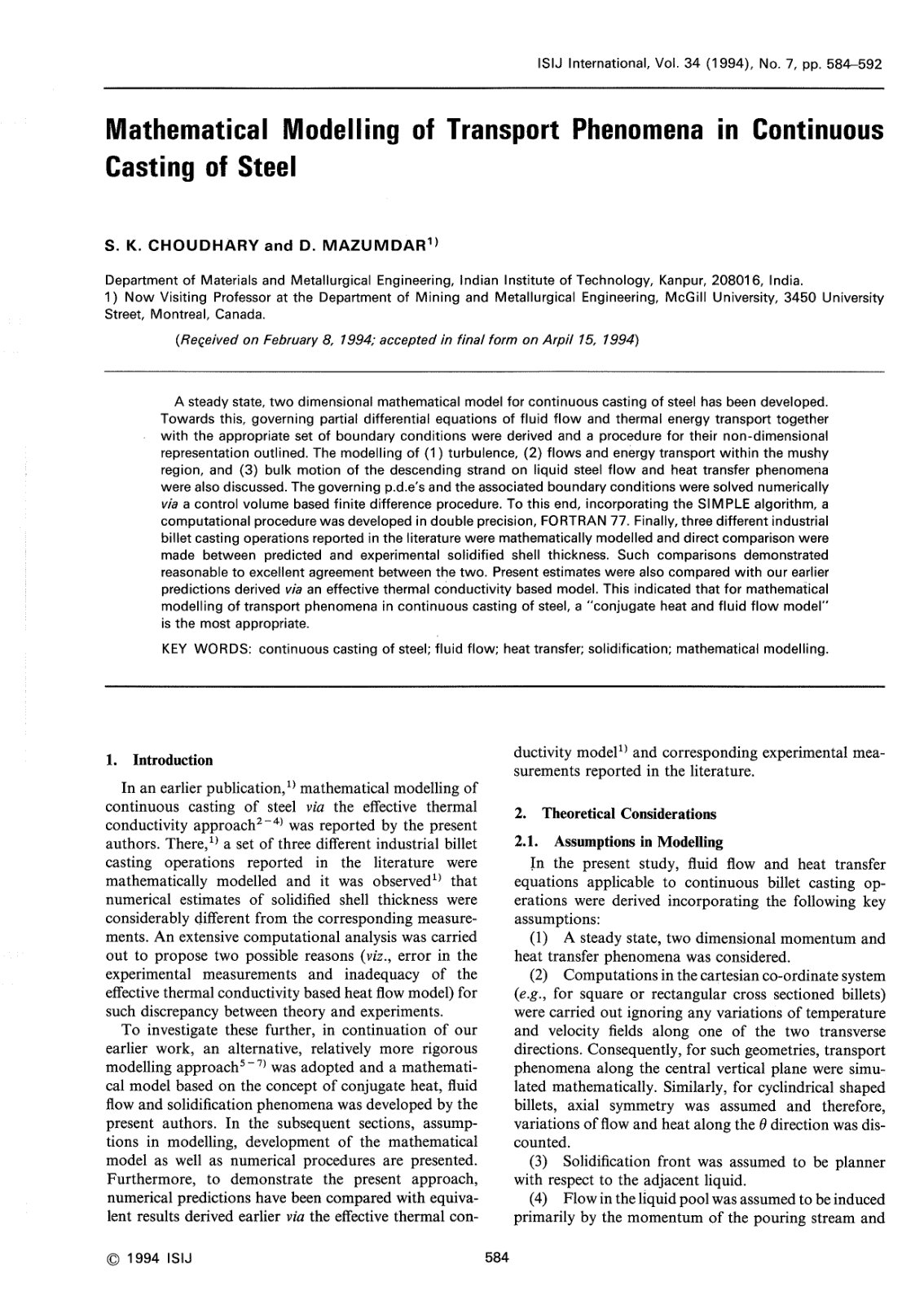 First page of Mathematical Modelling of Transport Phen
