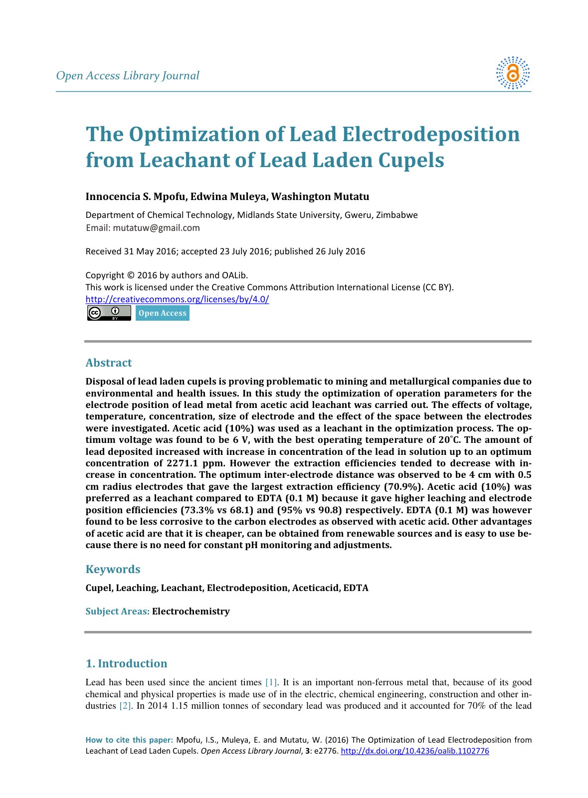 First page of The Optimization of Lead Electrodepositi