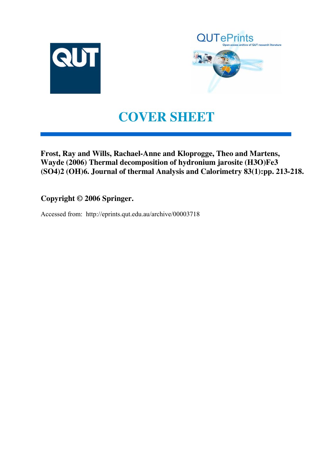 First page of Thermal decomposition of hydronium jarosite (H3O)Fe3 (SO4)2 (OH)6