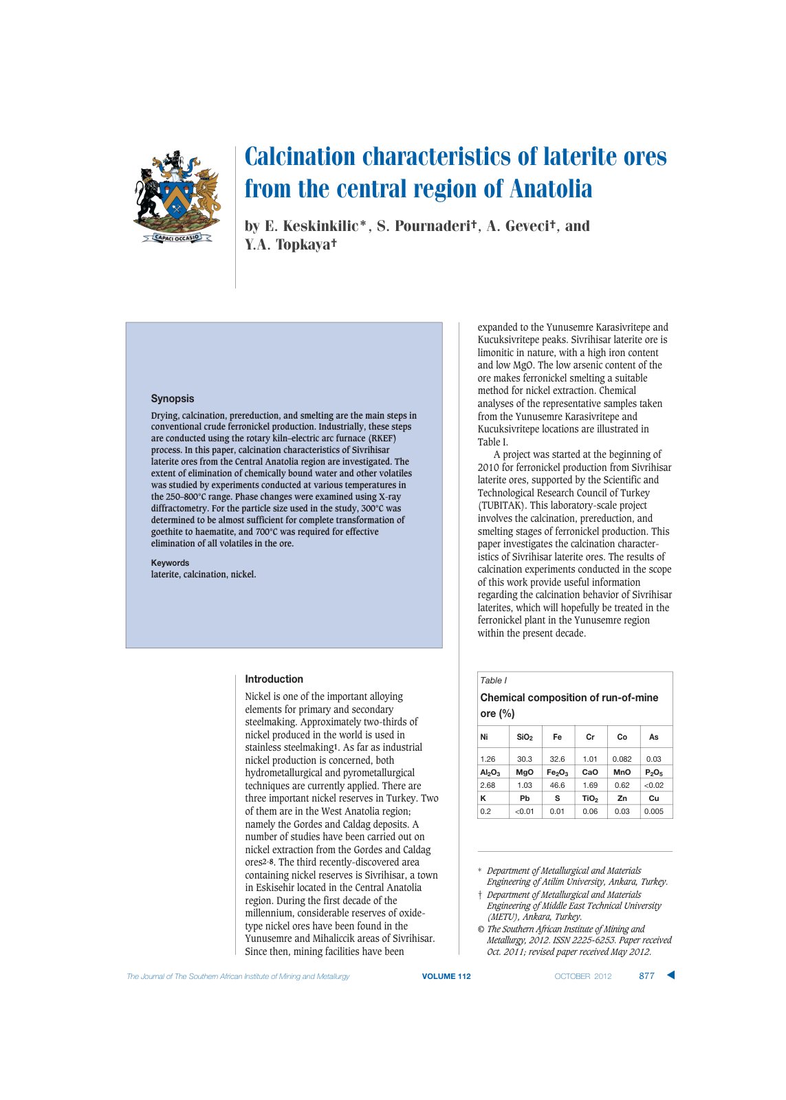 First page of Calcination characteristics of laterite