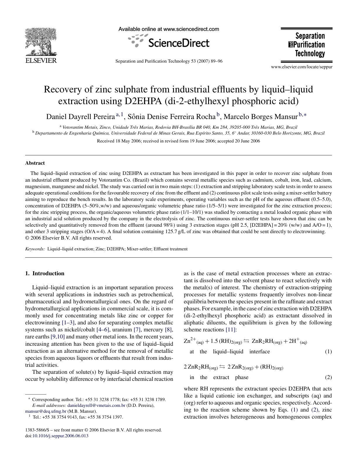 First page of Recovery of zinc sulphate from industrial efﬂuents by liquid–liquid extraction using D2EHP A (di-2-ethylhexyl phosphoric acid)