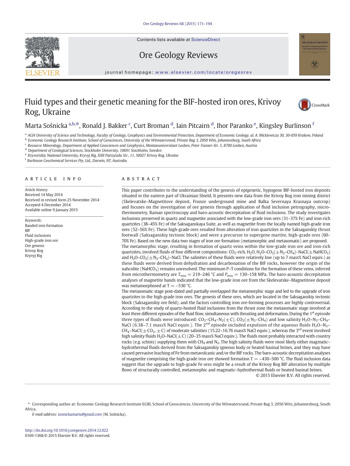 First page of Fluid types and their genetic meaning for the BIF-hosted iron ores, Krivoy Rog, Ukraine