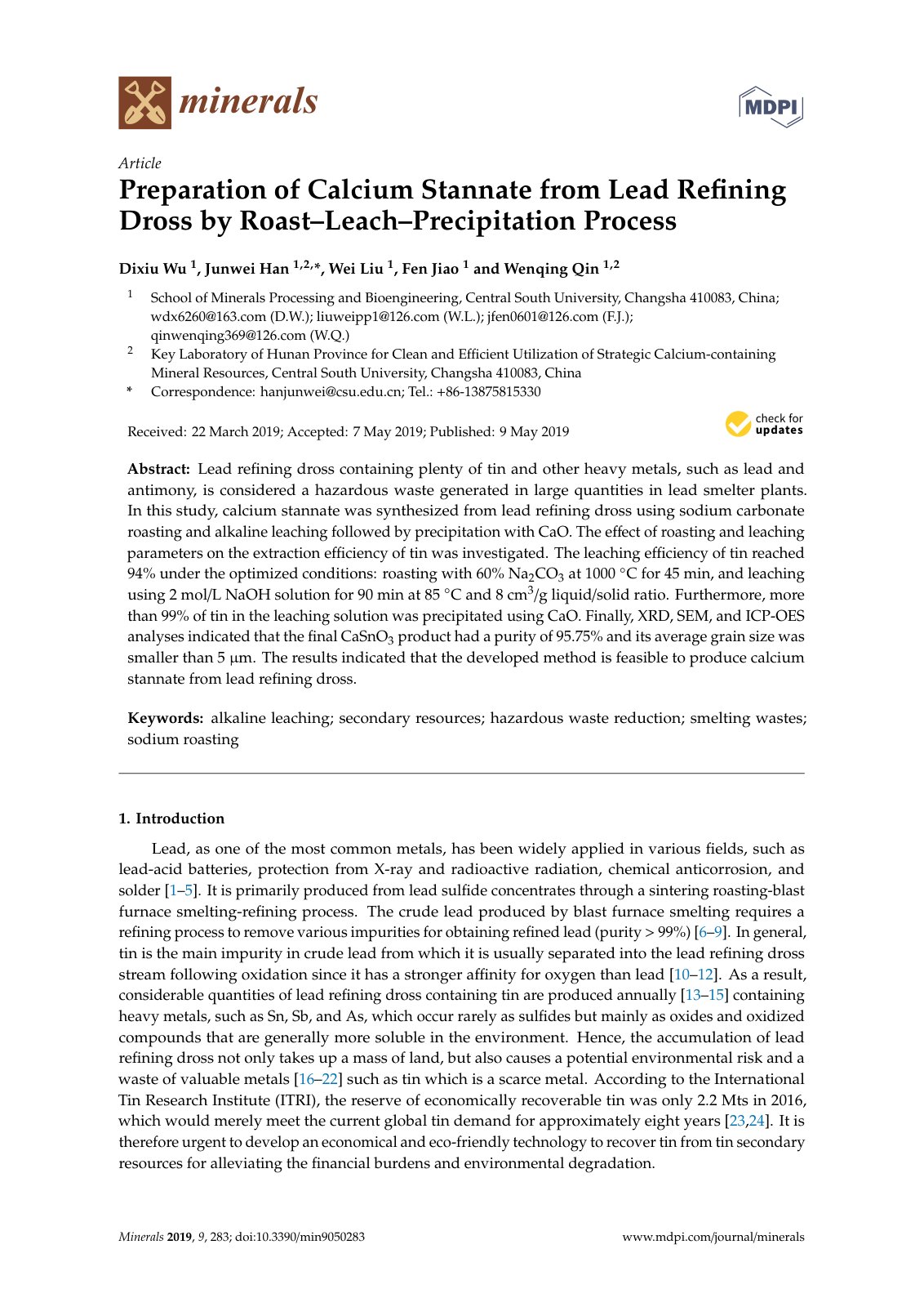 First page of Preparation of Calcium Stannate from Lead Refining Dross by    Wu Han Liu Jiao Qin    ( WeLib.org )