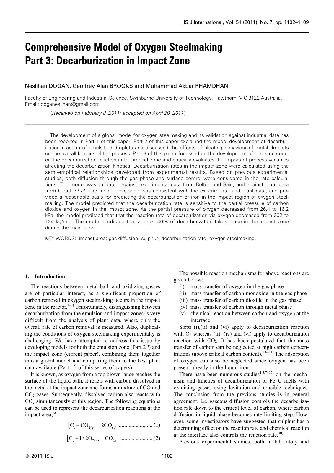 First page of 032 Comprehensive Model of Oxygen Steelmaking Part 3 Decarburization in Impact Zone