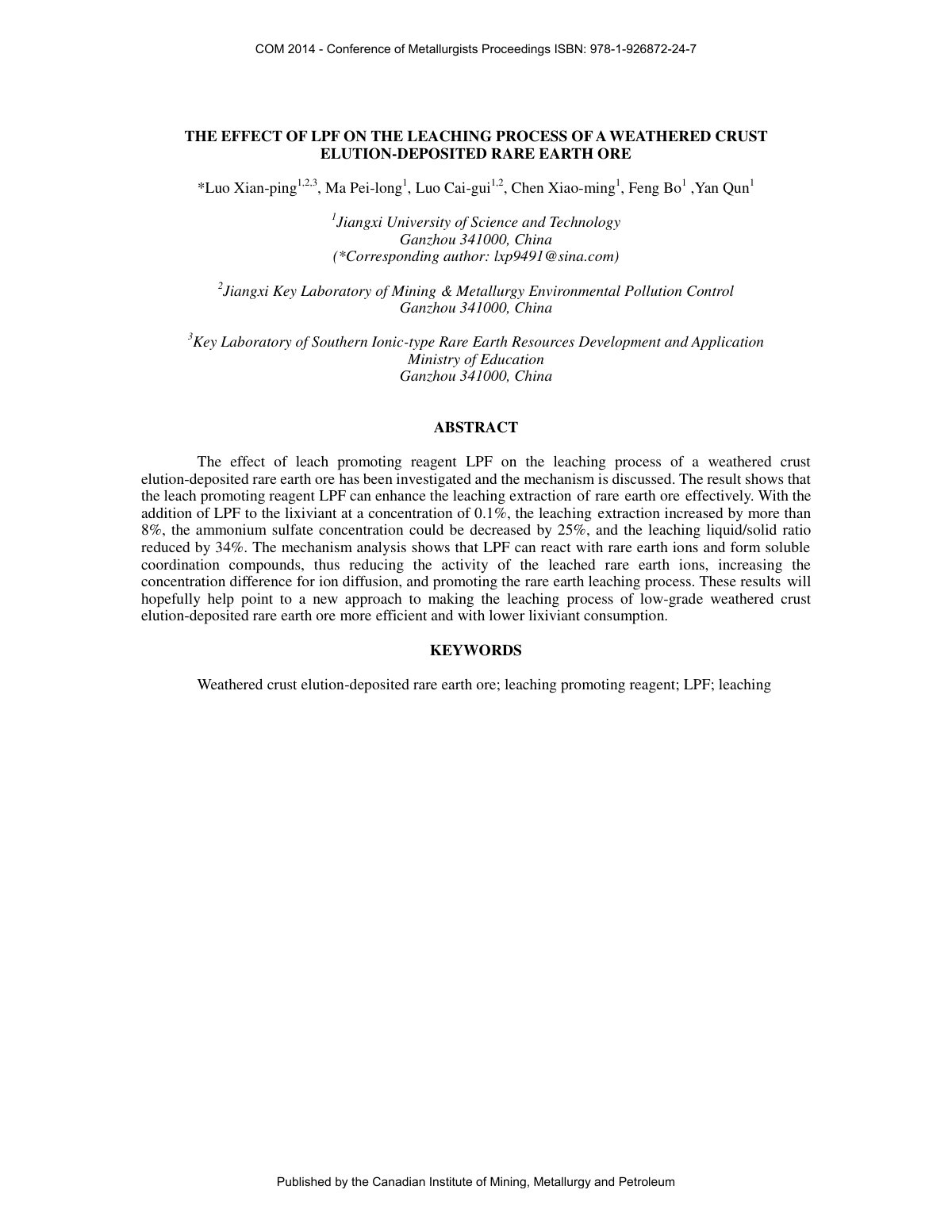 First page of THE EFFECT OF LPF ON THE LEACHING PROCESS OF A WEATHERED CRUST ELUTION-DEPOSITED RARE EARTH ORE