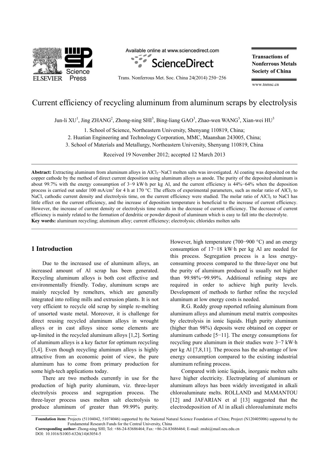 First page of Current efficiency of recycling aluminum