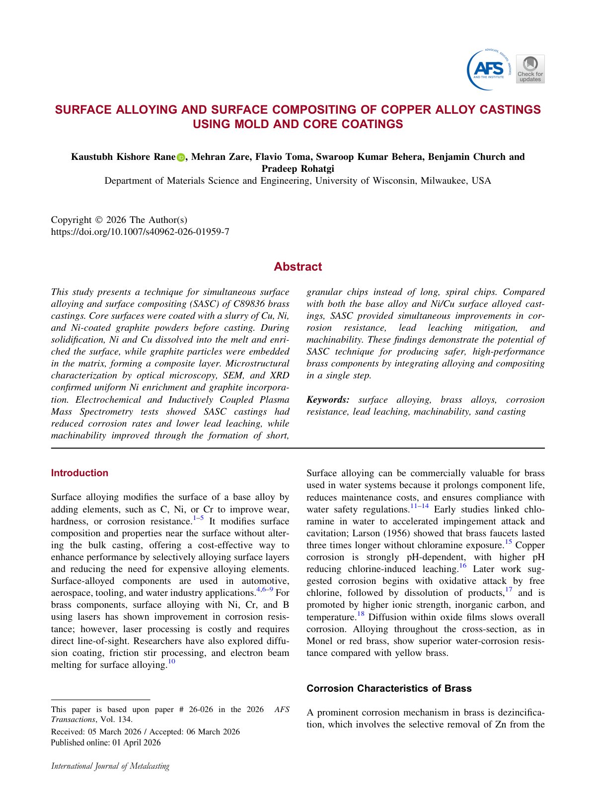 First page of 2026 Rane Surface Alloying Copper Castings