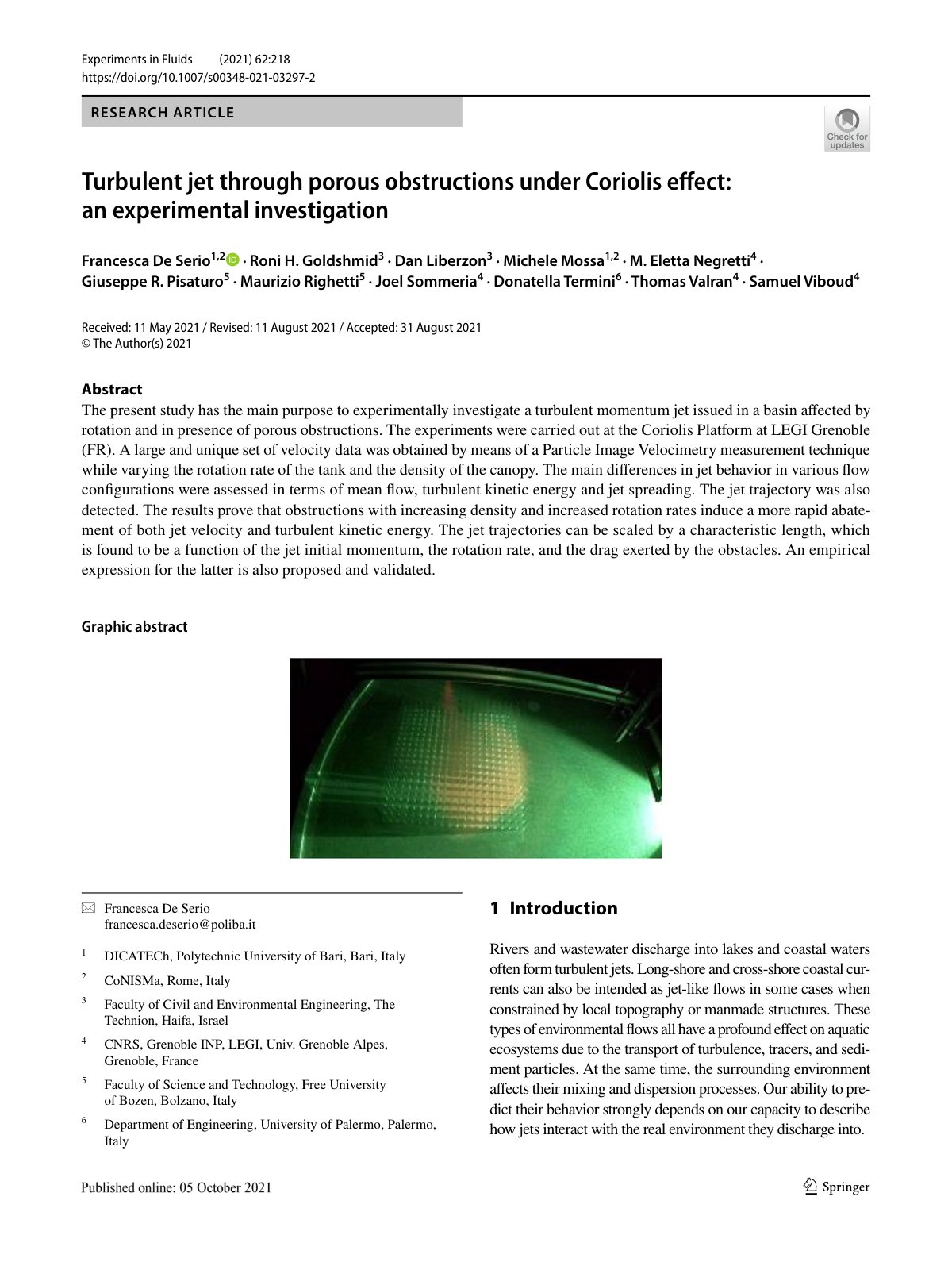 First page of Turbulent jet through porous obstructions under Coriolis effect: an experimental investigation