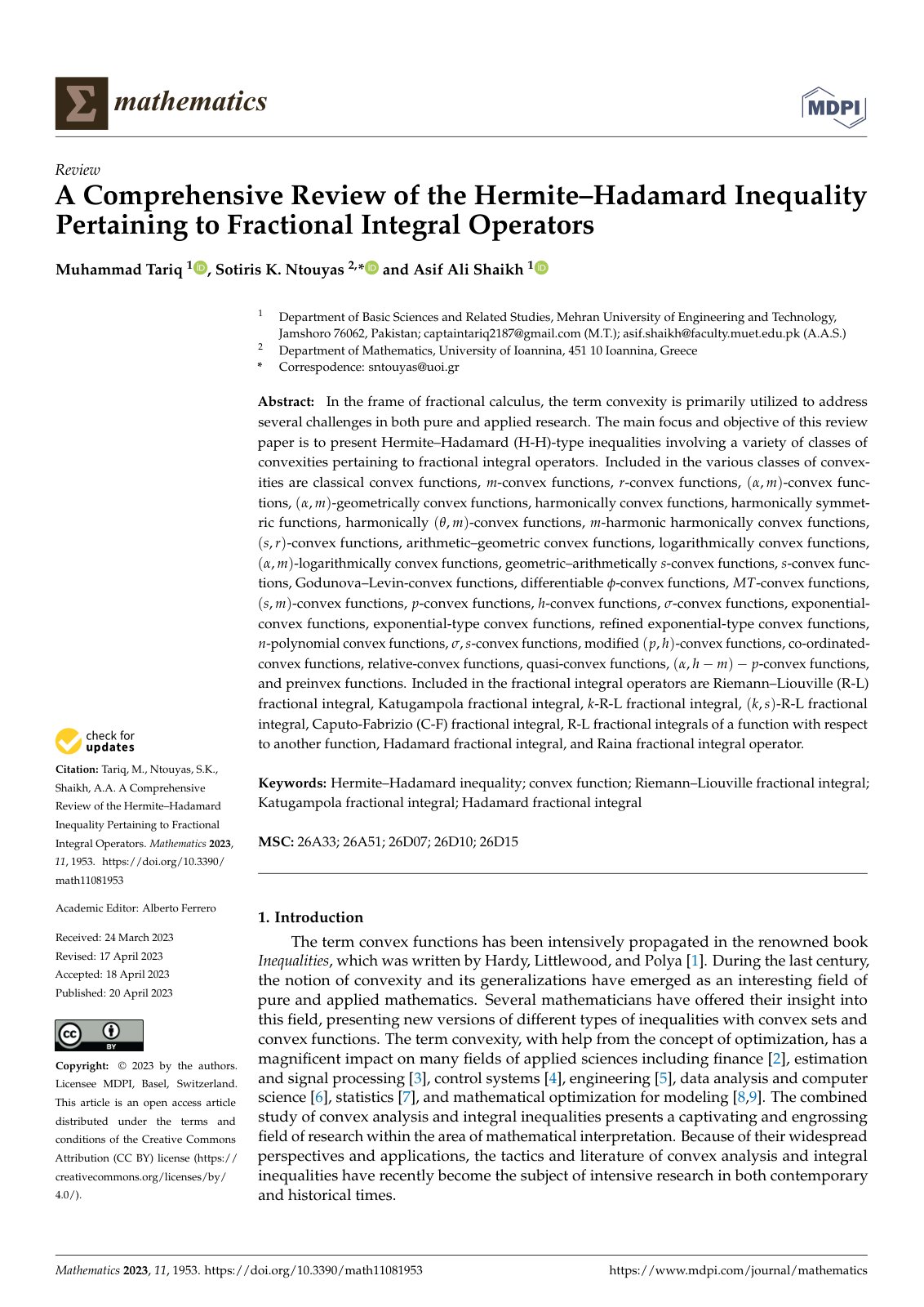 First page of A Comprehensive Review of the Hermite–Hadamard Inequality Pertaining to Fractional Integral Operators