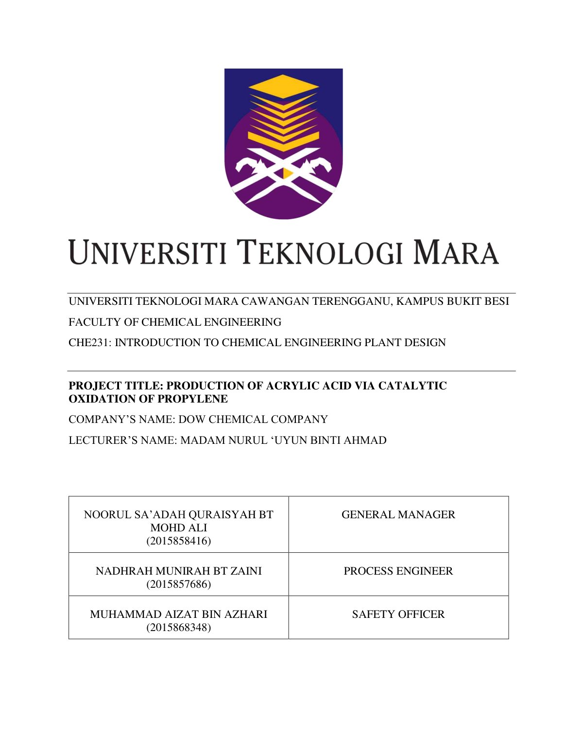 First page of CHE231 TITLE PRODUCTION OF ACRYLIC ACID