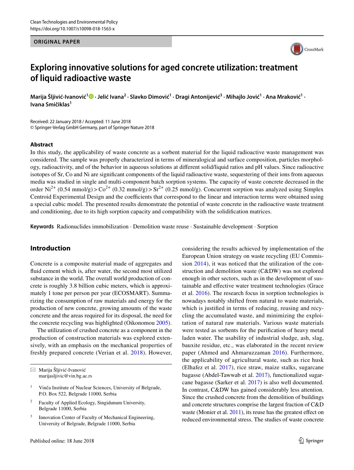 First page of Exploring innovative solutions for aged concrete utilization: treatment of liquid radioactive waste