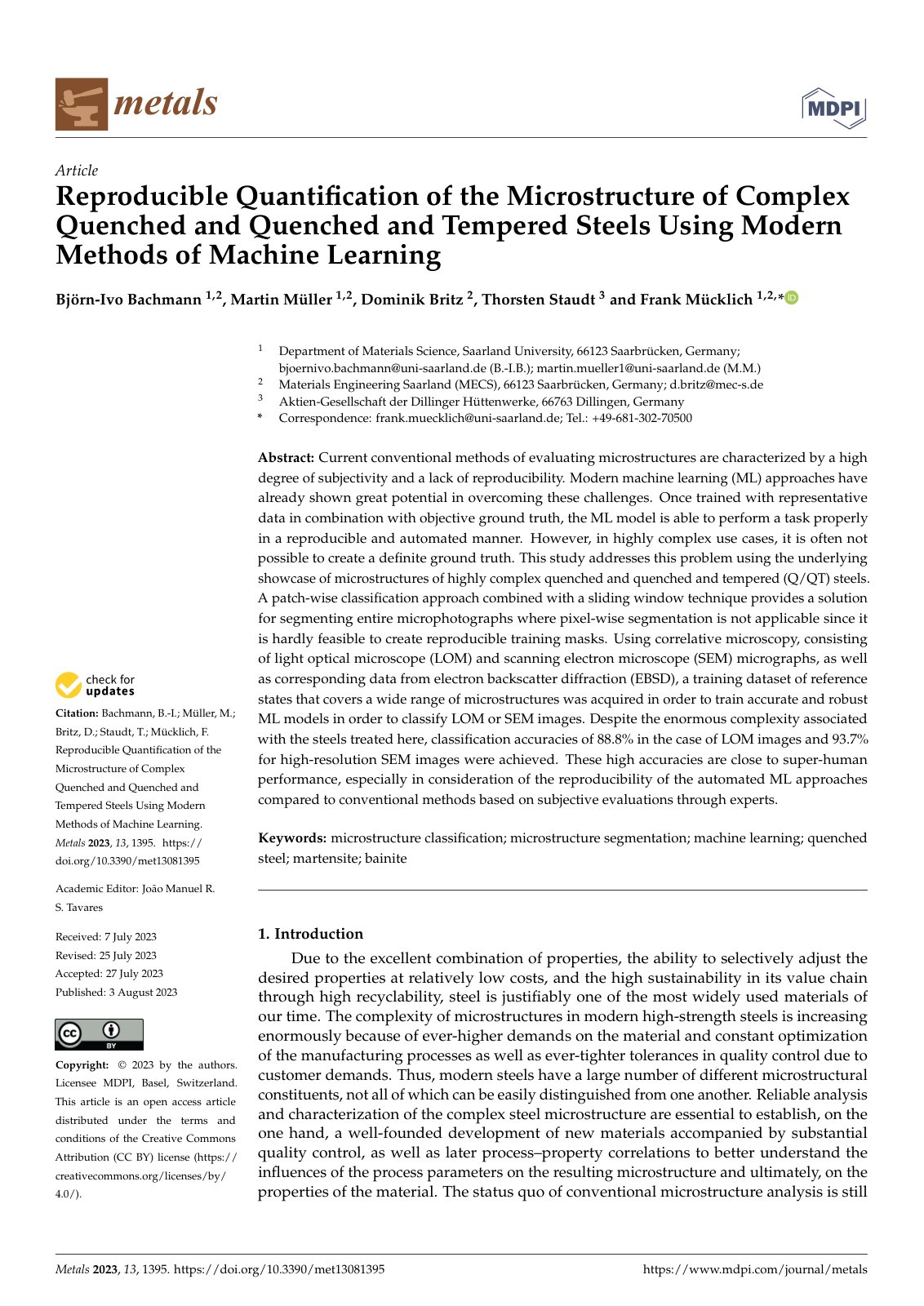 First page of Reproducible Quantification of the Microstructure of Complex Quenched and Quenched and Tempered Steels Using Modern Methods of Machine Learning