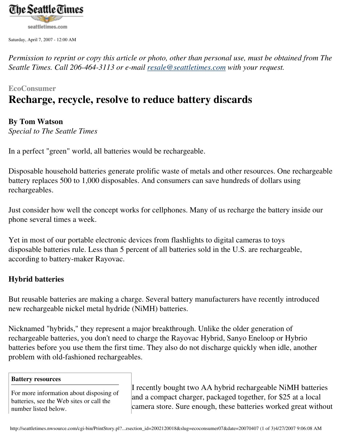 First page of SeattleTimes 04 07 2007