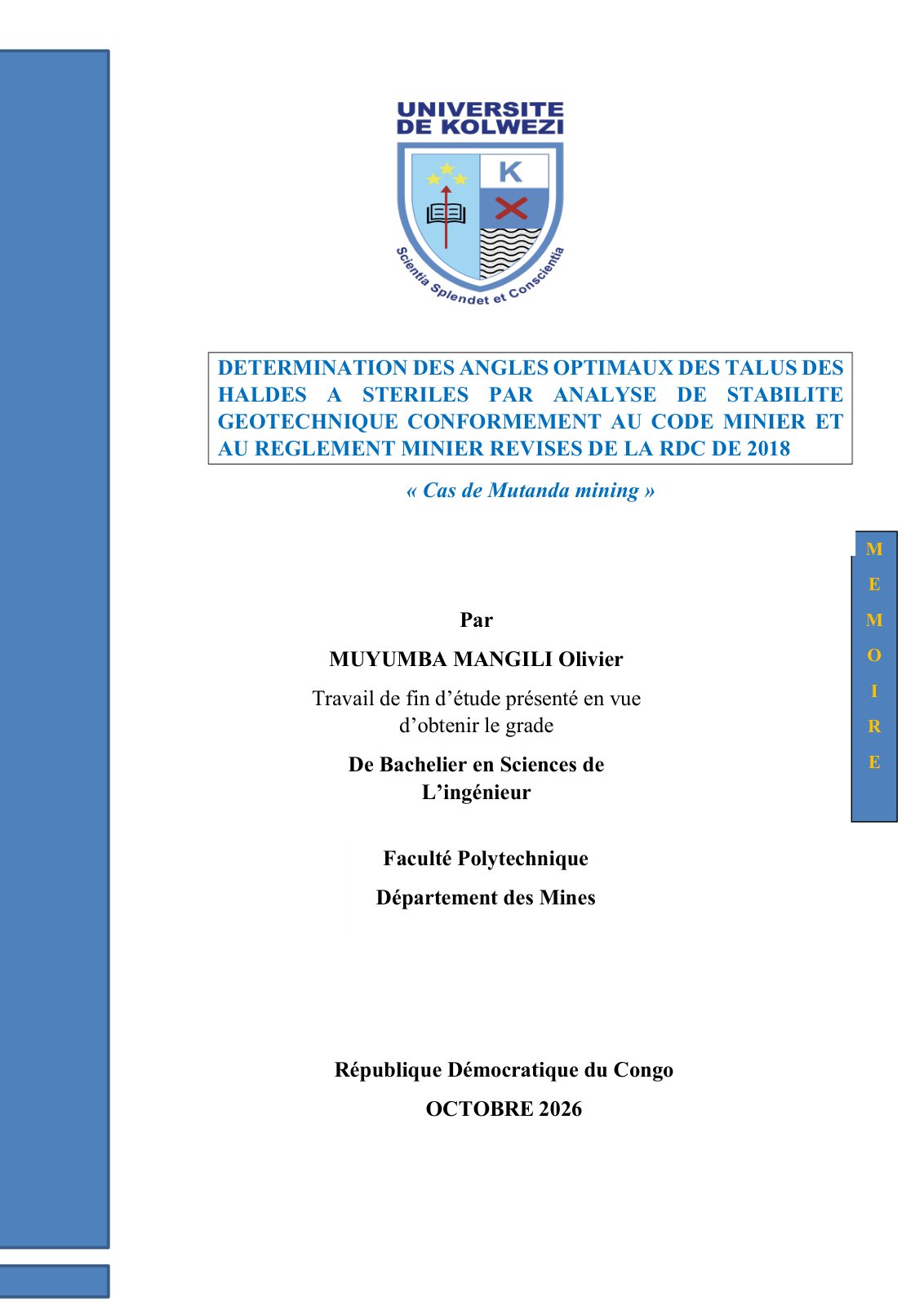 First page of DETERMINATION DES ANGLES OPTIMAUX DES TALUS DES HALDES A STERILES PAR ANALYSE DE STABILITE GEOTECHNIQUE CONFORMEMENT AU CODE MINIER ET AU REGLEMENT MINIER REVISES DE LA RDC DE 2018 « Cas de Mutanda mining »