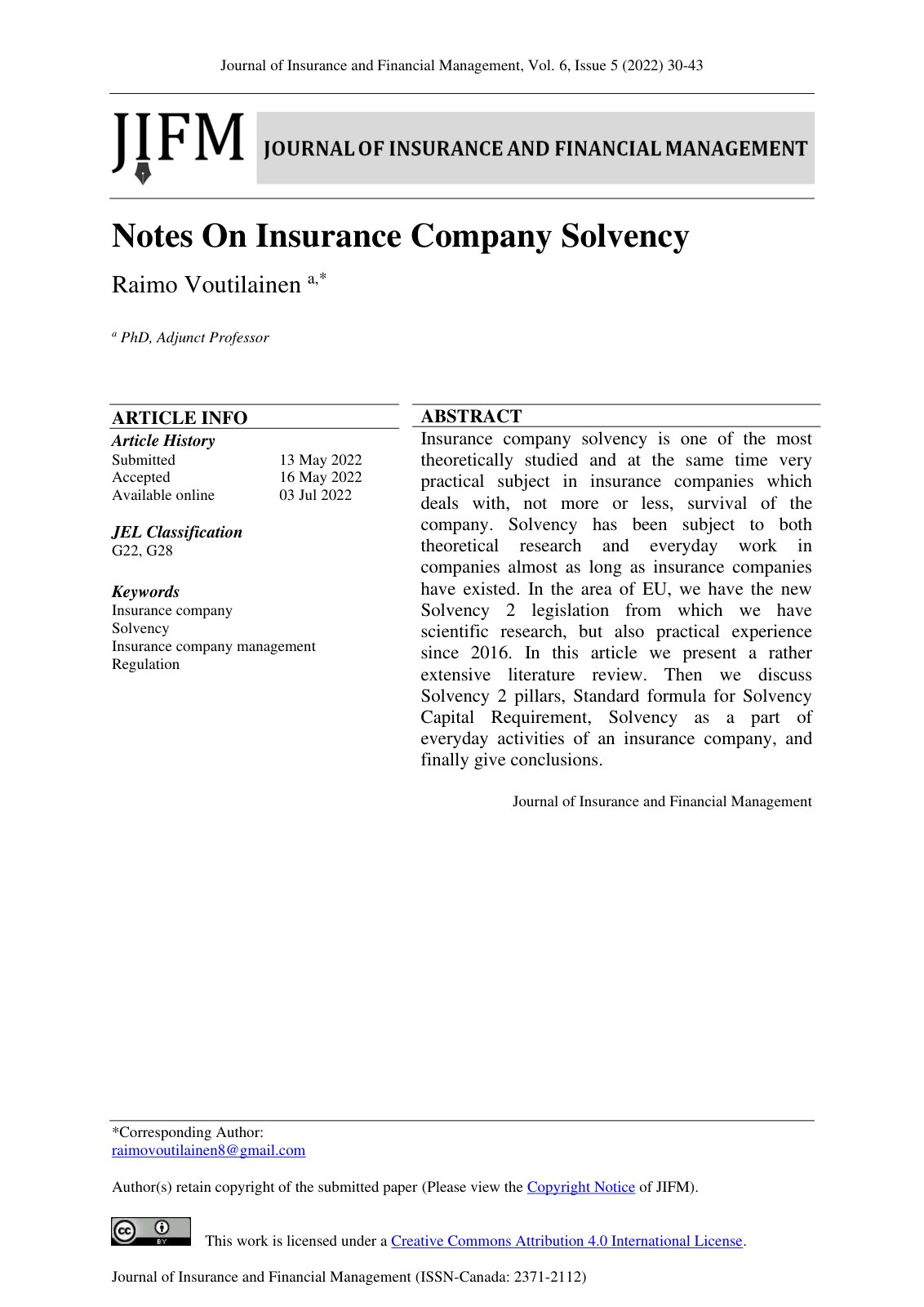 First page of Notes On Insurance Company Solvency