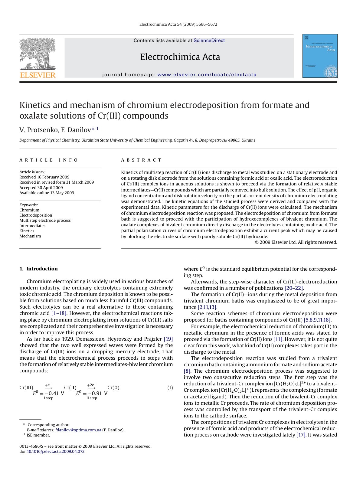 First page of Kinetics and mechanism of chromium electrodeposition from formate and oxalate solutions of Cr(III) compounds