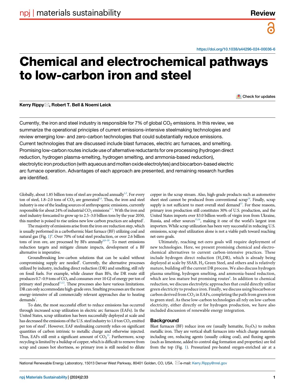 First page of Chemical and electrochemical pathways to low-carbon iron and steel