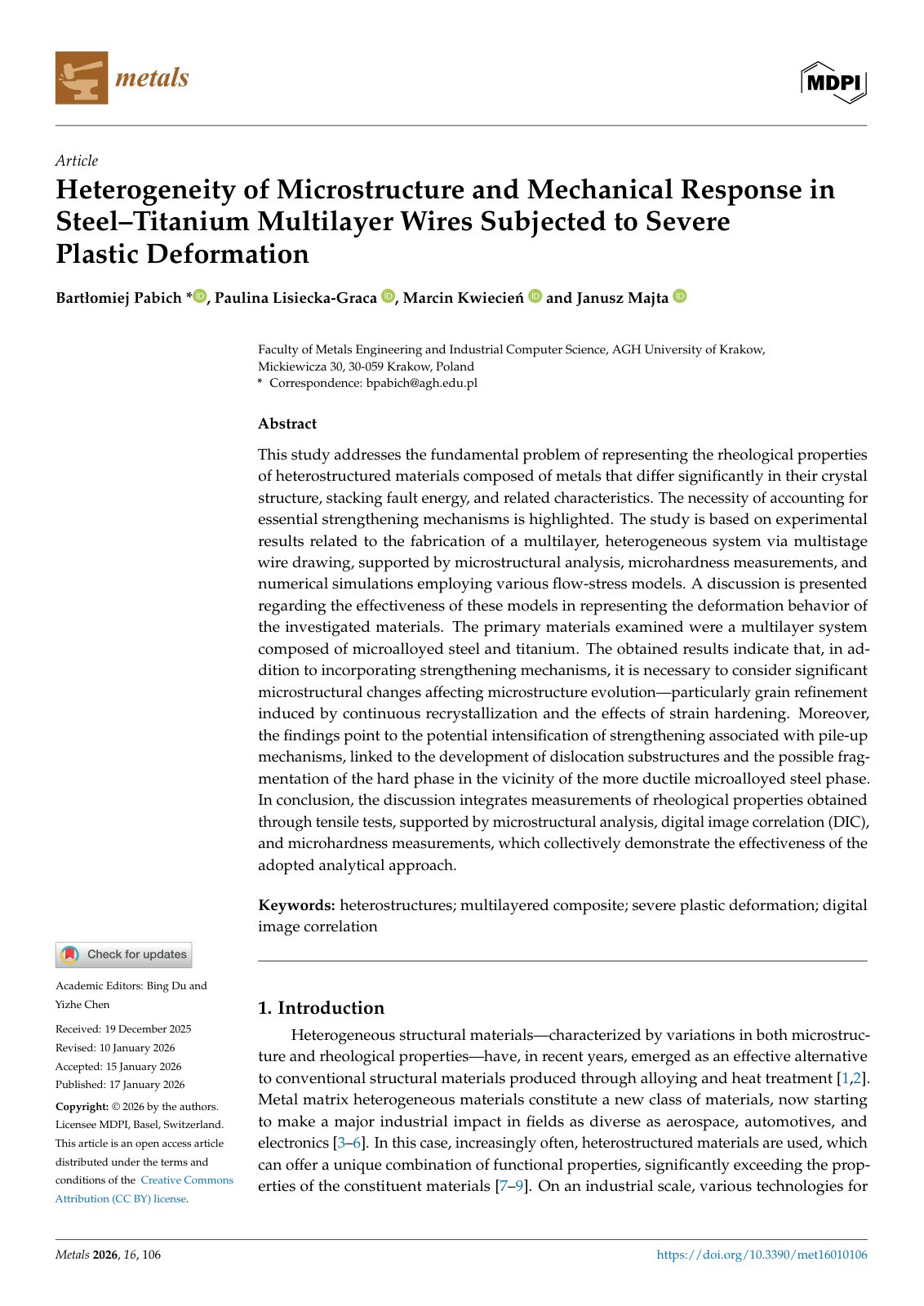 First page of 2026 Pabich Steel Titanium Multilayer Wires