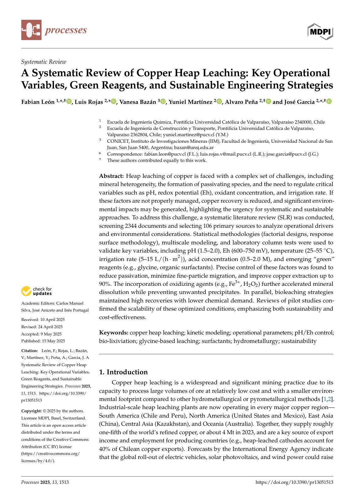 First page of A Systematic Review of Copper Heap Leaching: Key Operational Variables, Green Reagents, and Sustainable Engineering Strategies