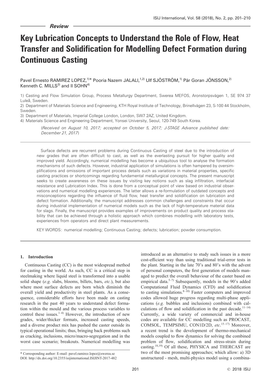 First page of 2017 Pavel Ernesto Ramirez Lopez Key Lubrication Concepts to Understand the Role of Flow Heat Transfer and Solidification for Modelling De isijinternational.isijint 2017 482