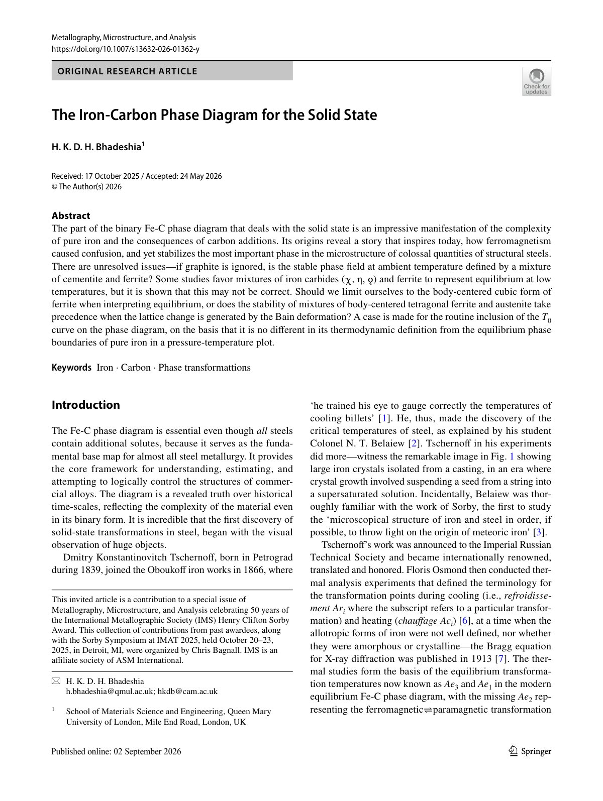 First page of 2026 Bhadeshia Iron Carbon Solid State Phase Diagram