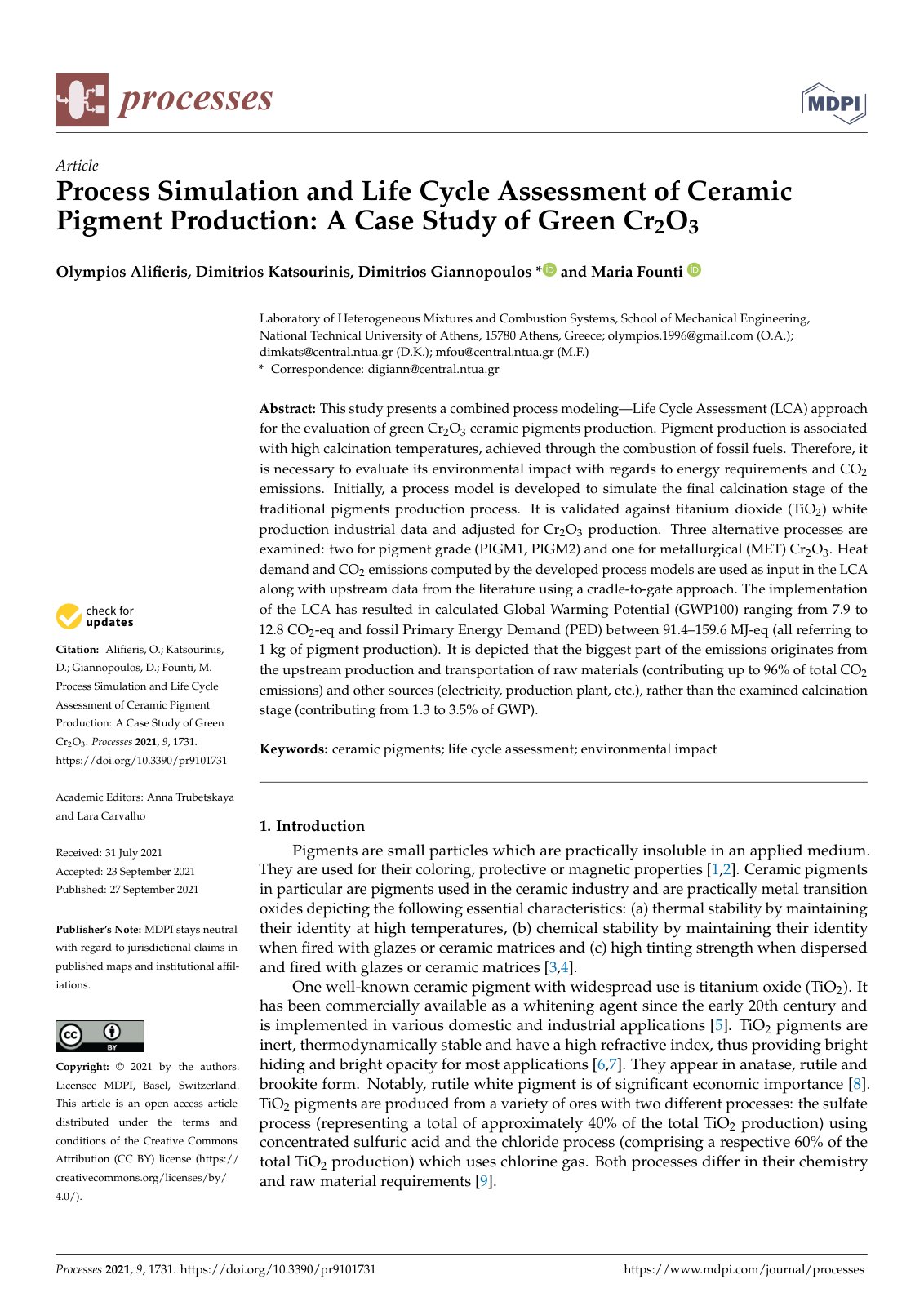 First page of Process Simulation and Life Cycle Assessment of Ceramic Pigment Production: A Case Study of Green Cr2O3