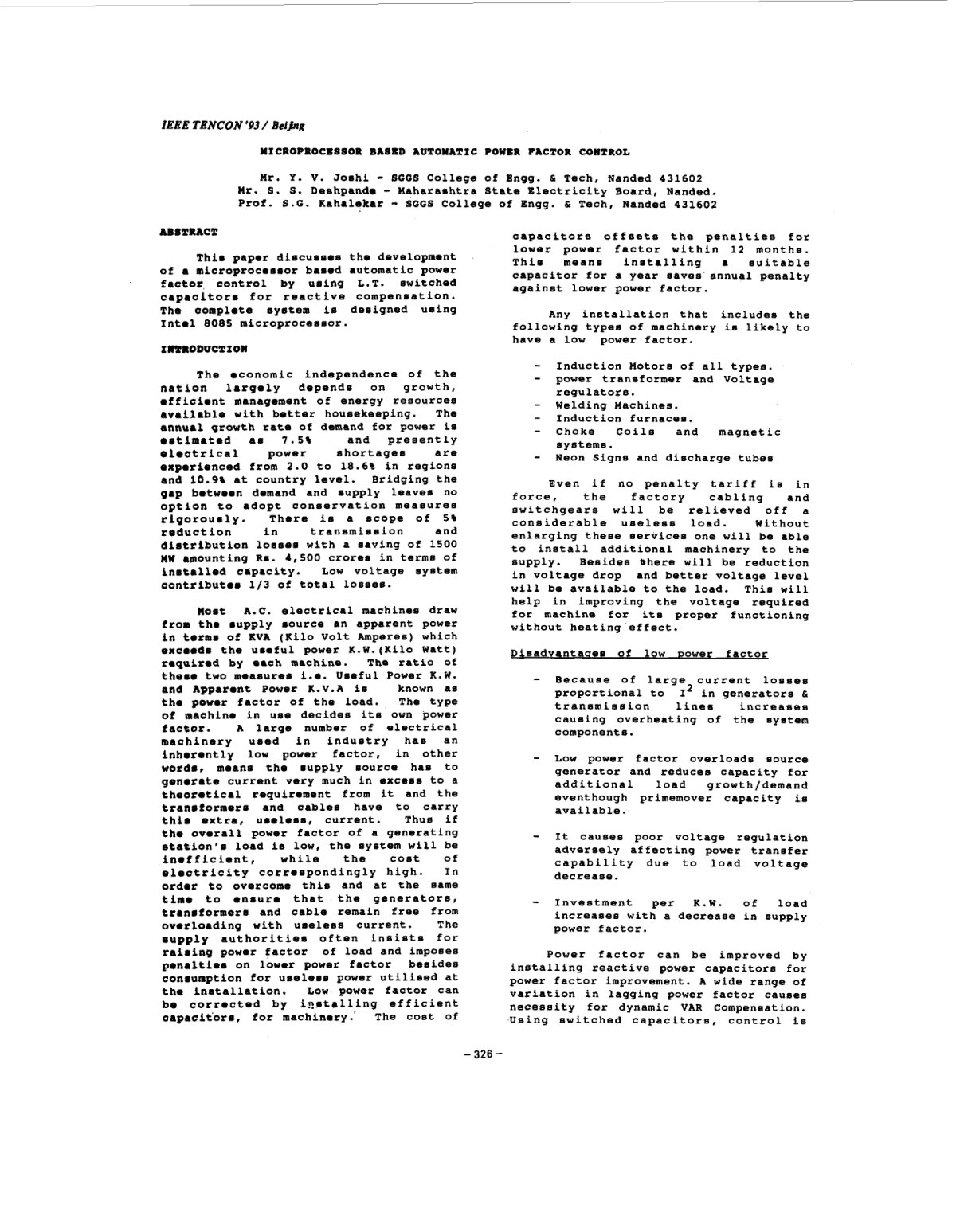 First page of MICROPROCESSOR BASED AUTOMATIC POWER FACTOR CONTROL