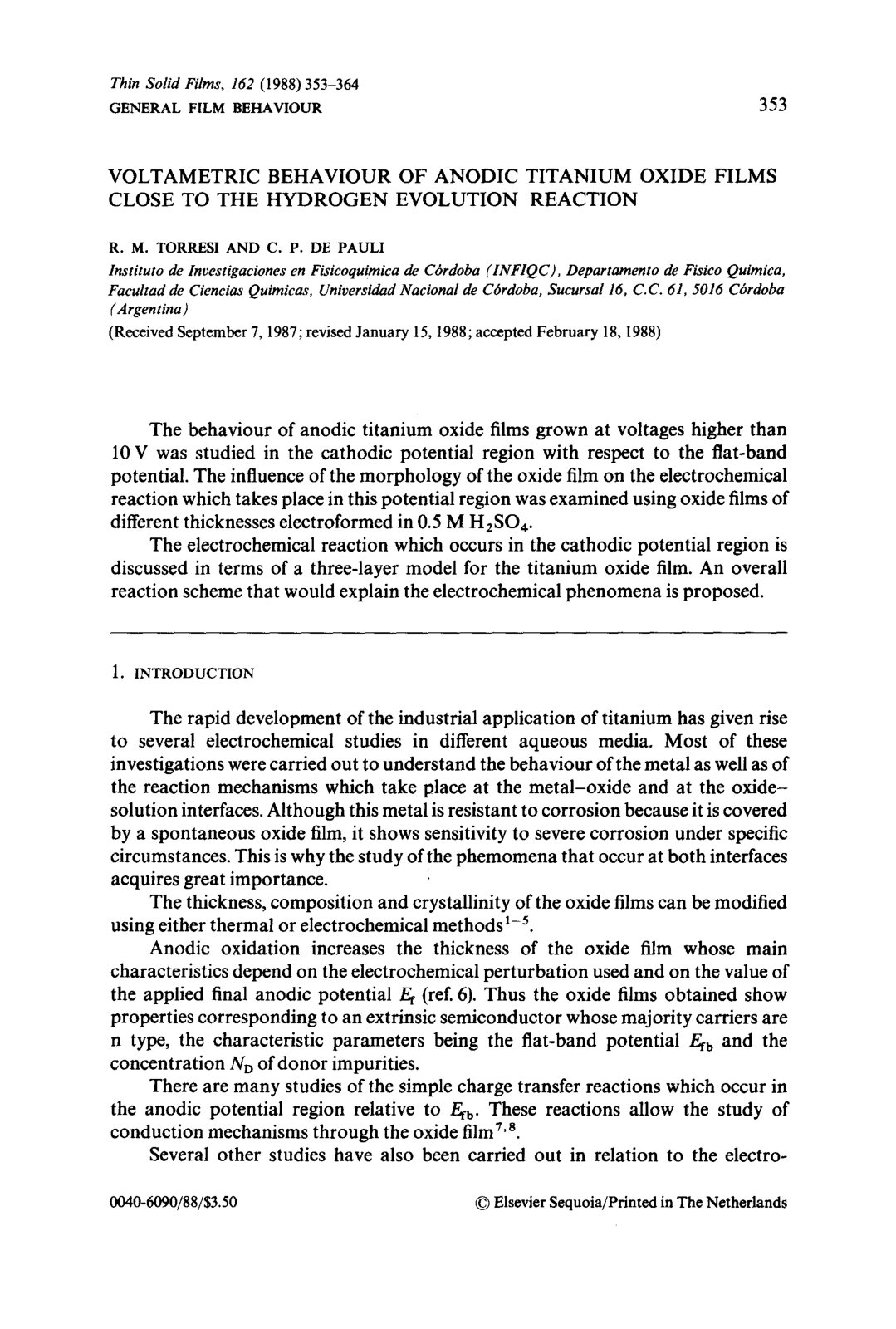 First page of VOLTAMETRIC BEHAVIOUR OF ANODIC TITANIUM OXIDE FILMS CLOSE TO THE HYDROGEN EVOLUTION REACTION