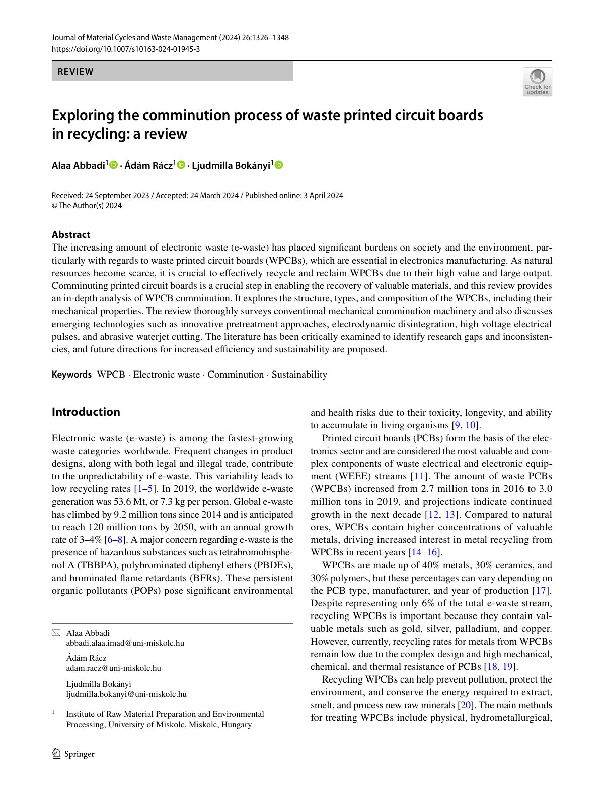 First page of Exploring the comminution process of was