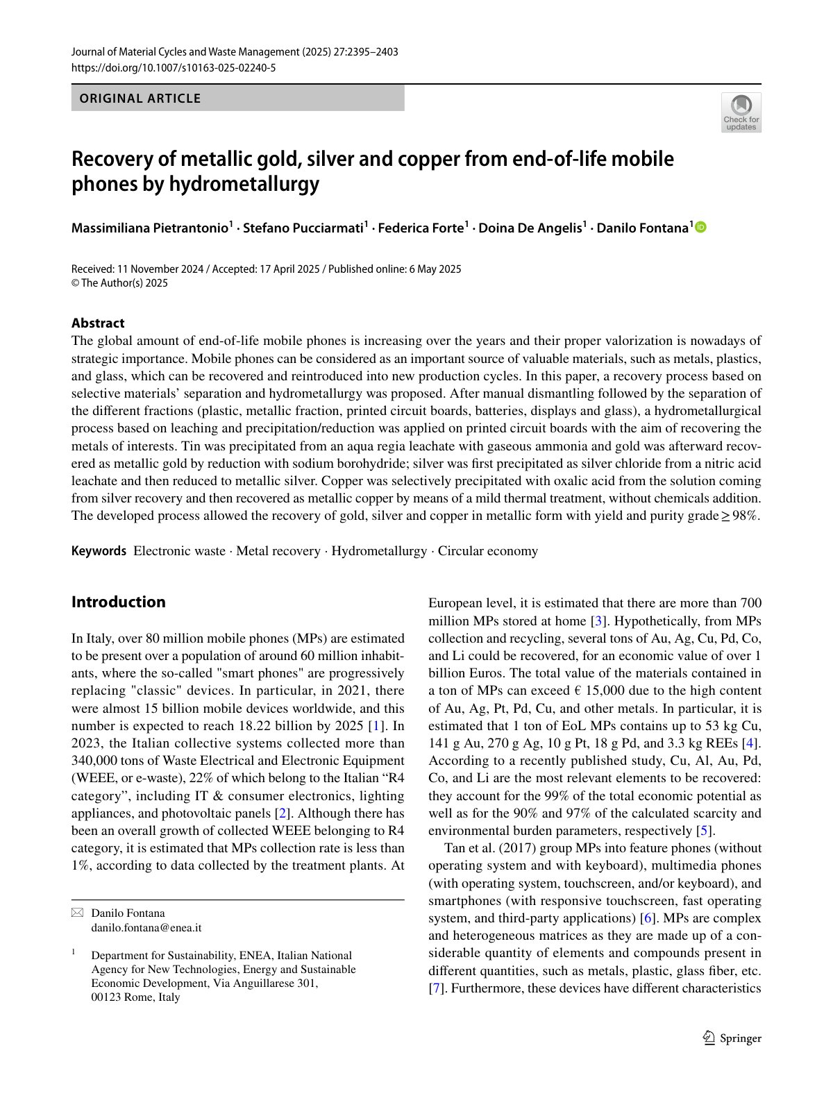 First page of 2025   Pietrantonio   Gold Silver Copper Recovery from Mobile Phones