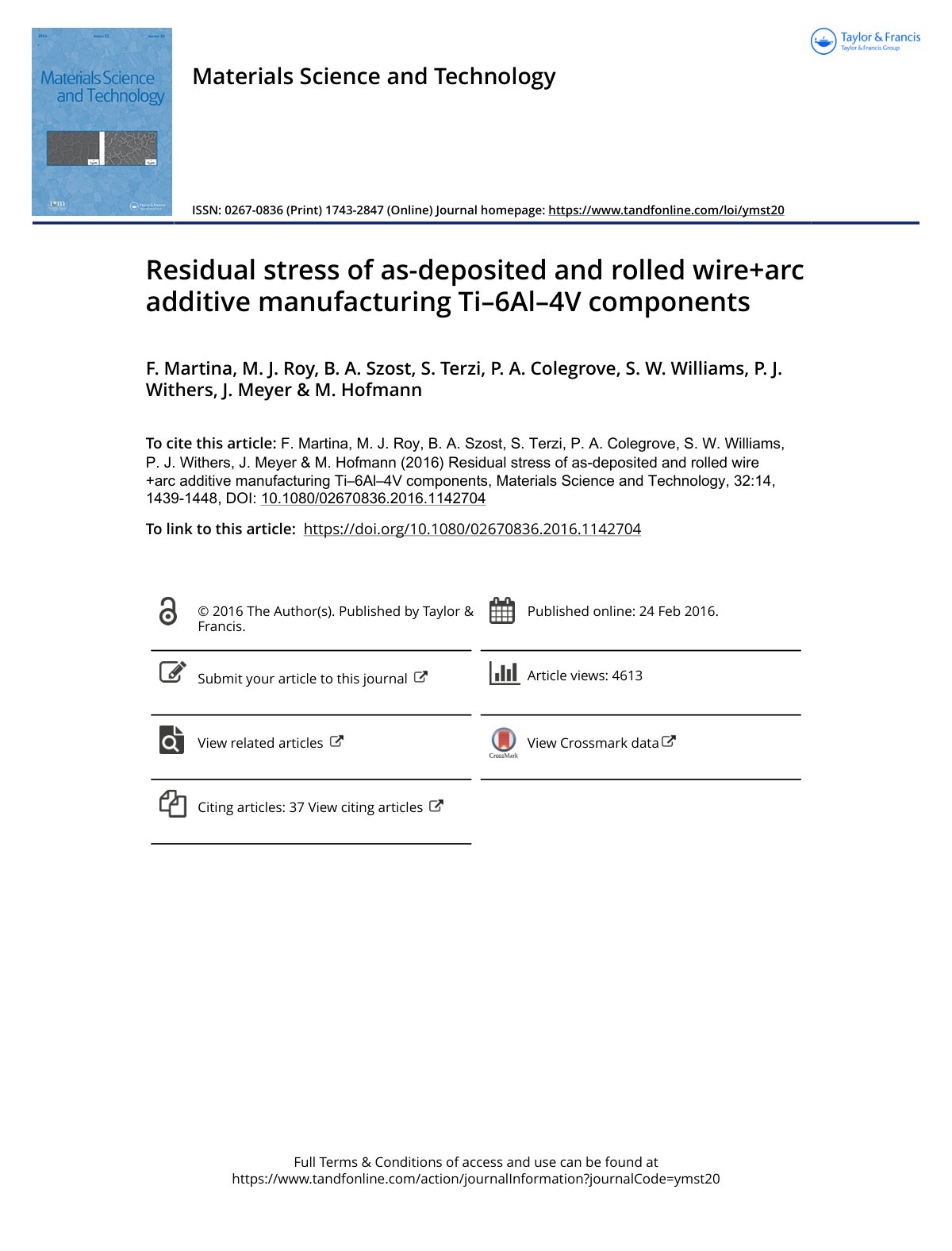 First page of Residual stress of as-deposited and rolled wire+arc additive manufacturing Ti–6Al–4V components