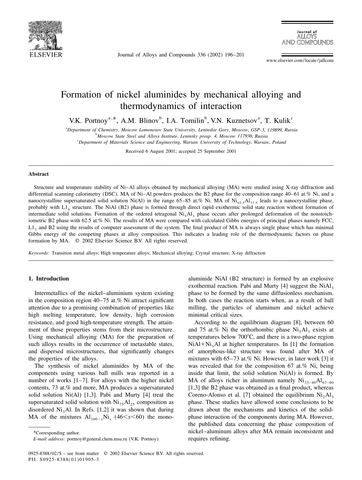 First page of Formation of nickel aluminides by mechanical alloying and thermodynamics of interaction