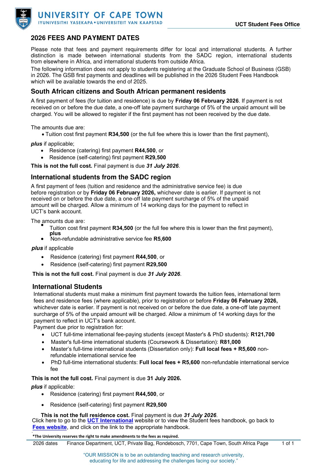 First page of 2025 fees payment dates