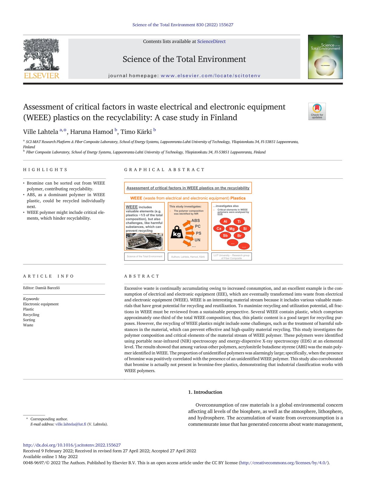 First page of Assessment of critical factors in waste electrical and el 2022 Science of Th