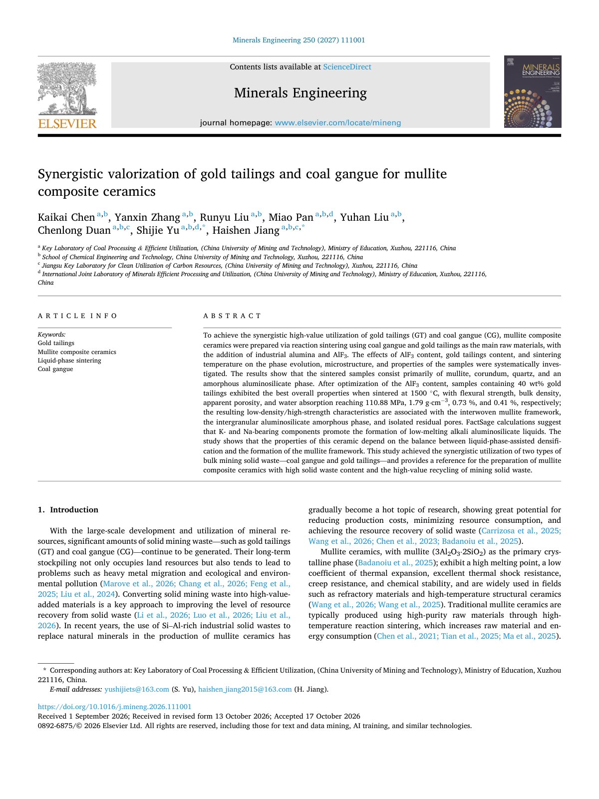 First page of Synergistic valorization of gold tailings and coal gangue  2027 Minerals Eng