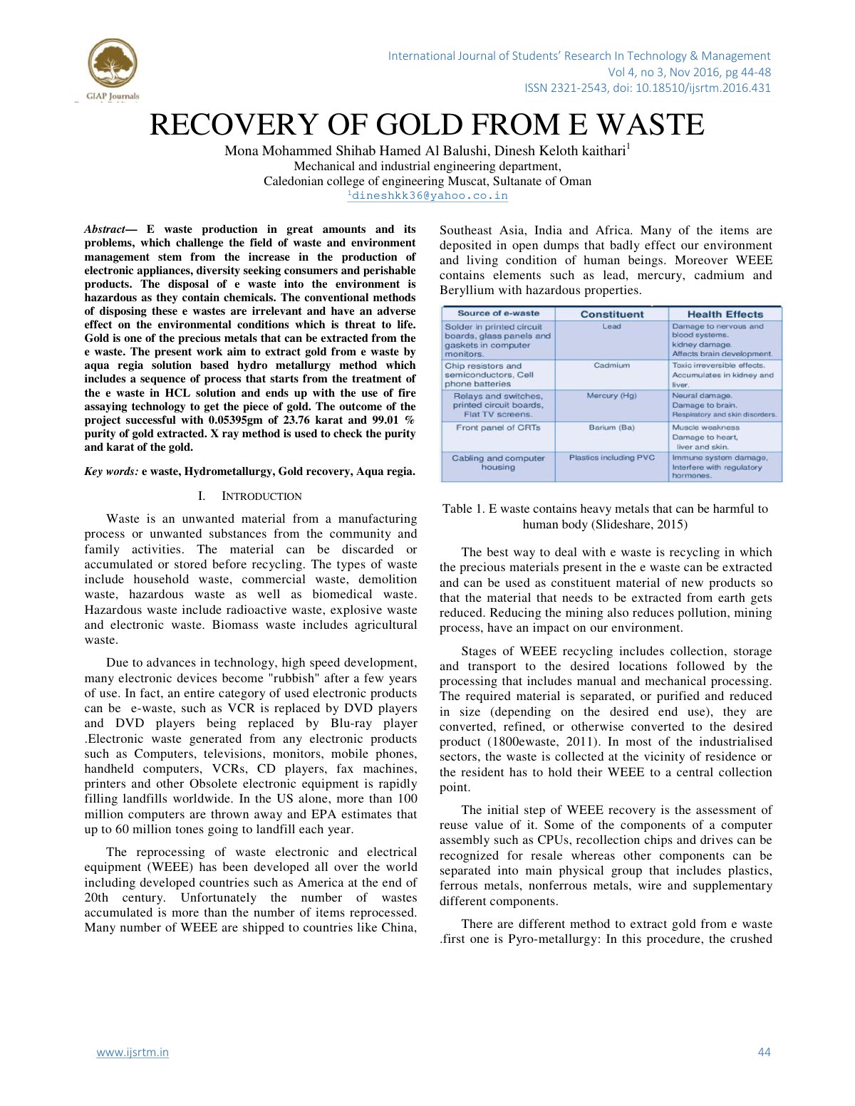 First page of Recovery of Gold from e Waste