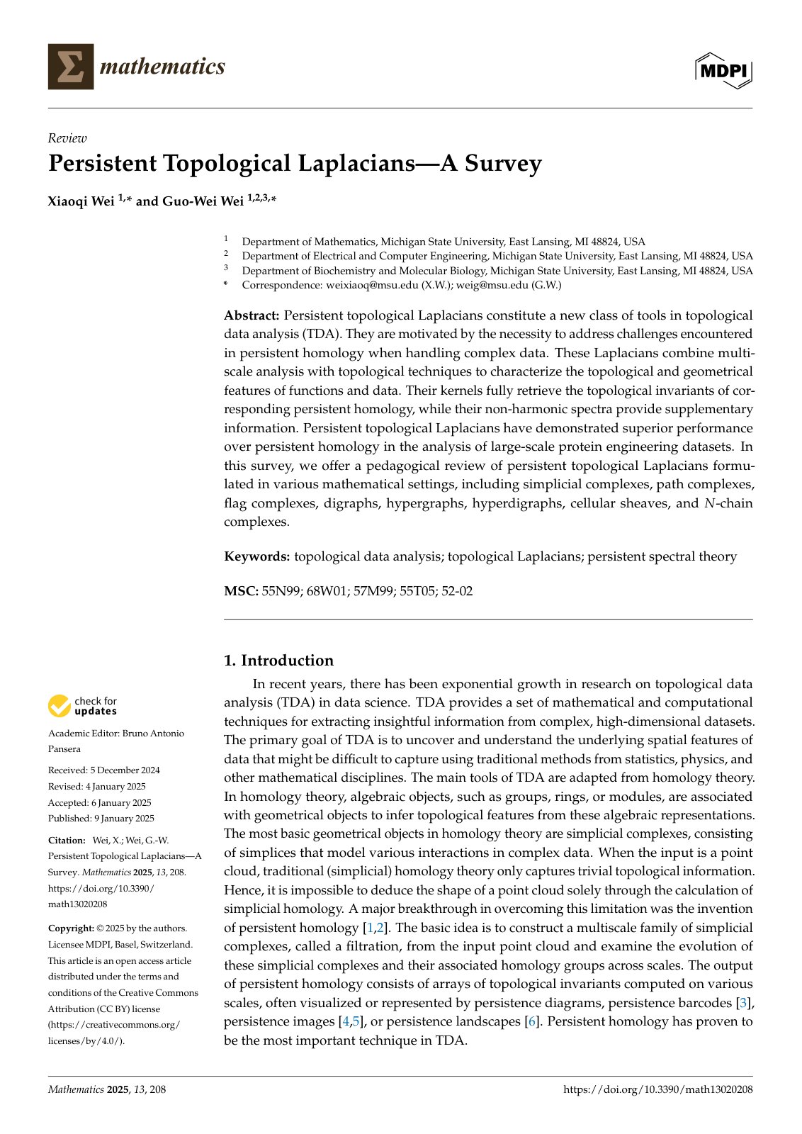 First page of Persistent Topological Laplacians—A Survey