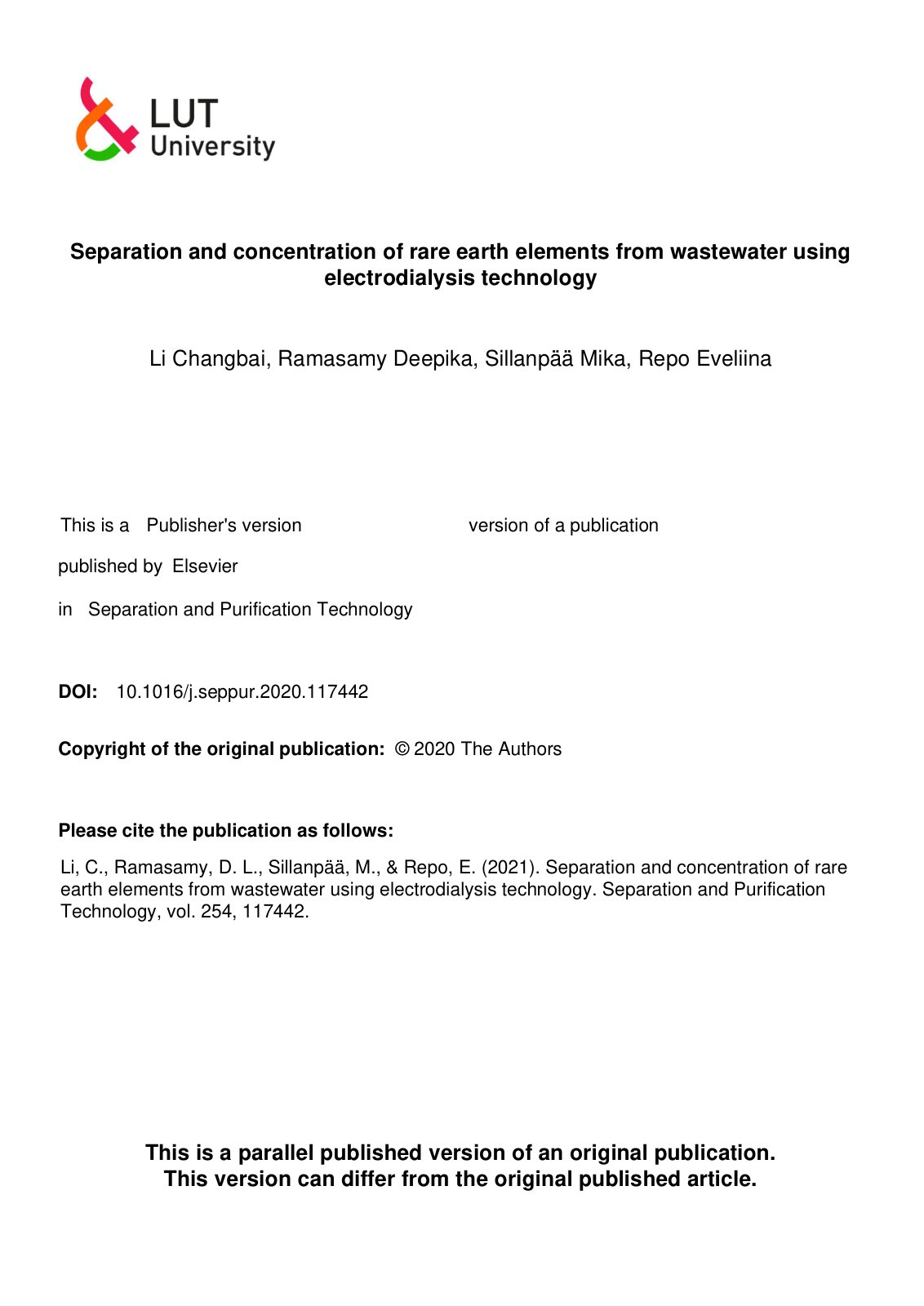 First page of Separation and concentration of rare ear