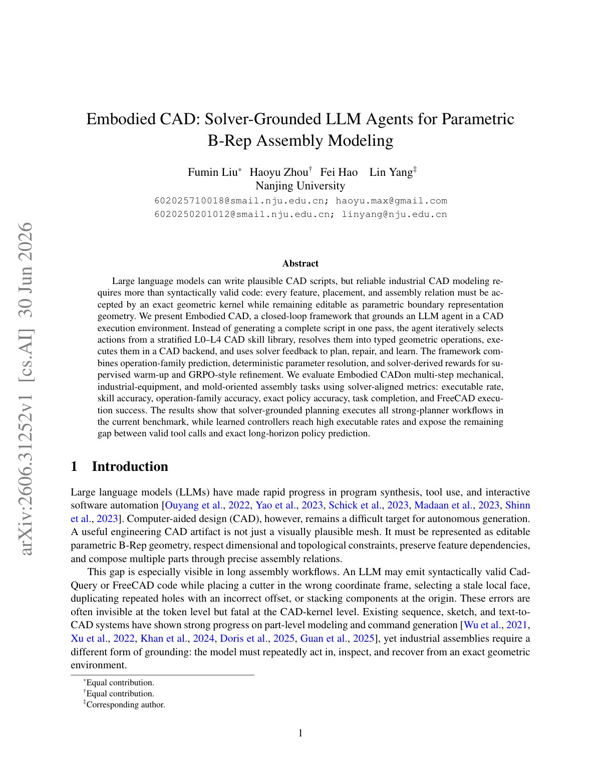 First page of 2026 Liu Embodied CAD Parametric BRep Assembly